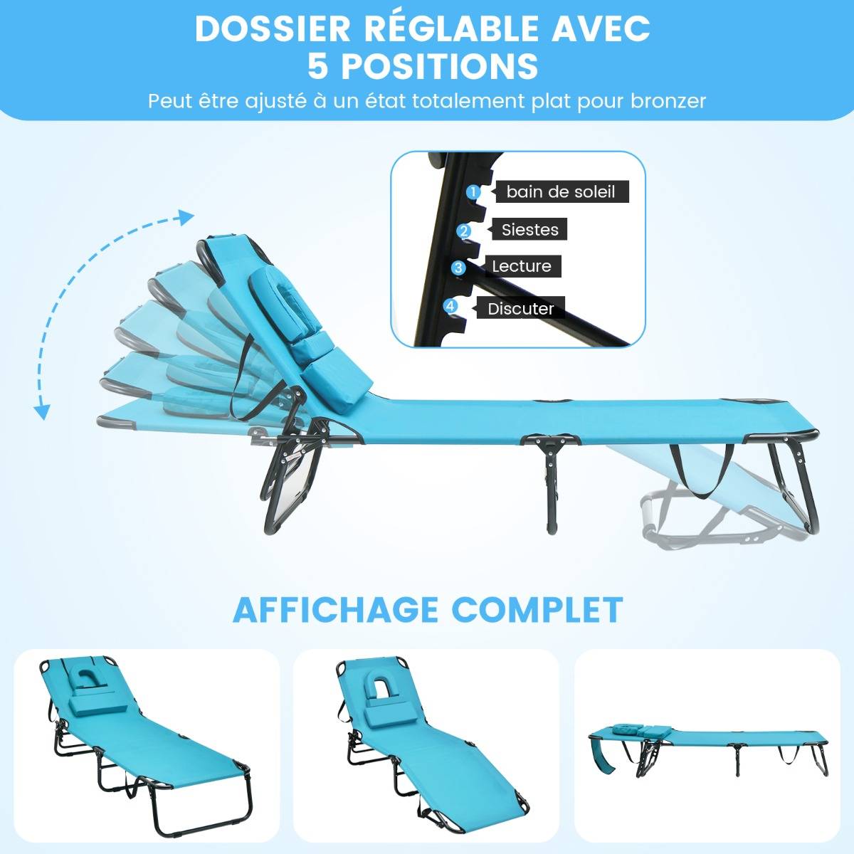 Bain de Soleil Chaise Longue Transat Bronzage Pliante avec Trou 3 Coussins Amovibles et Dossier Réglable Sur 5 Positions Vert - Image 7