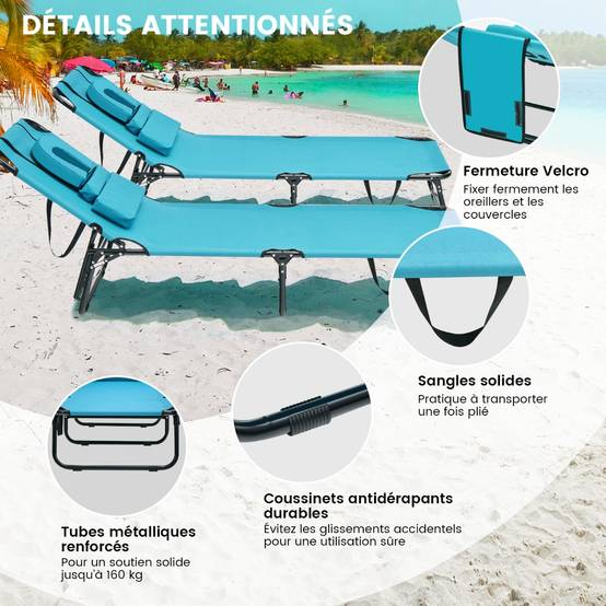Bain de Soleil Chaise Longue Transat Bronzage Pliante avec Trou 3 Coussins Amovibles et Dossier Réglable Sur 5 Positions Vert - Image 5