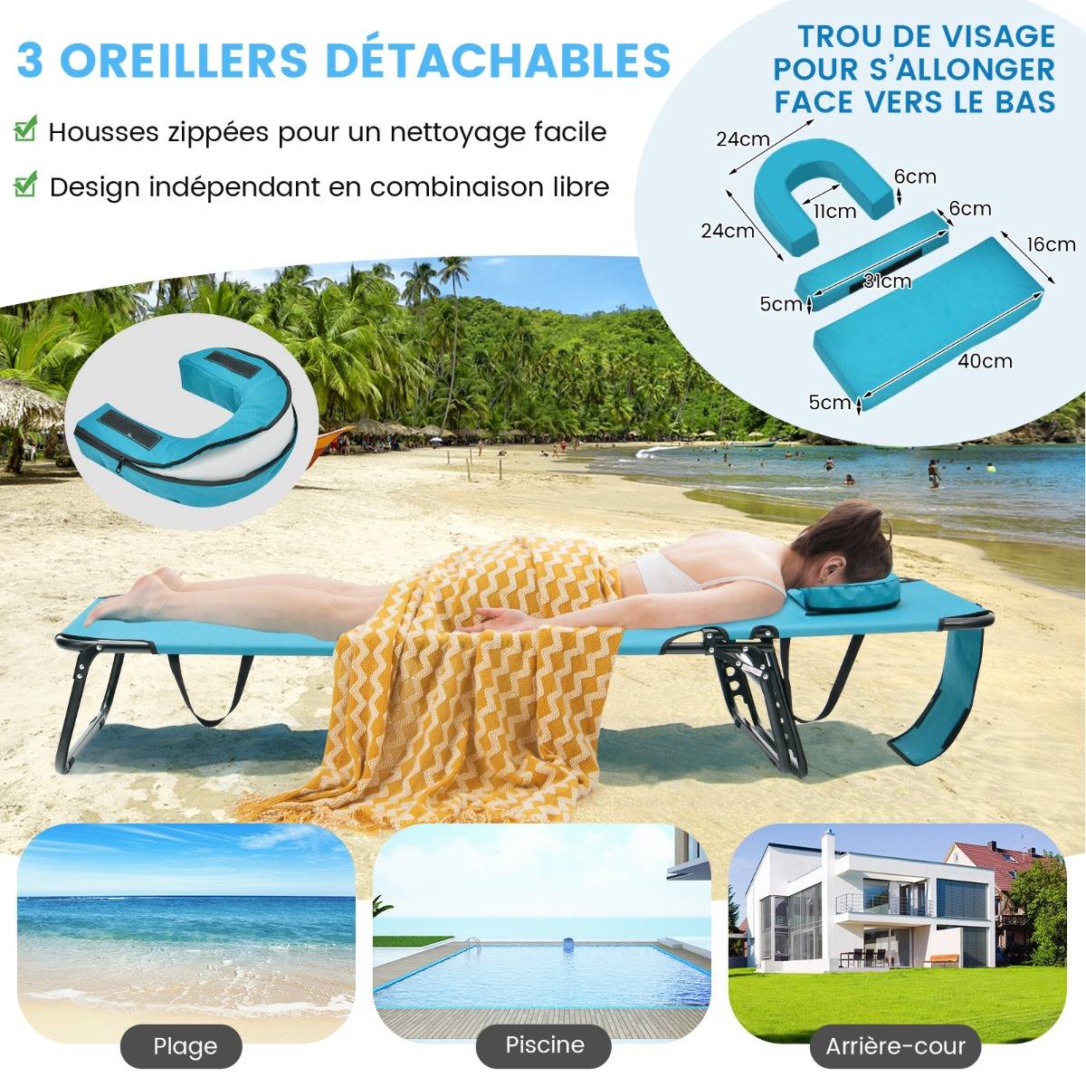 Bain de Soleil Chaise Longue Transat Bronzage Pliante avec Trou 3 Coussins Amovibles et Dossier Réglable Sur 5 Positions Vert - Image 8