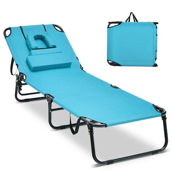 Bain de Soleil Chaise Longue Transat Bronzage Pliante avec Trou 3 Coussins Amovibles et Dossier Réglable Sur 5 Positions Vert - Image 1