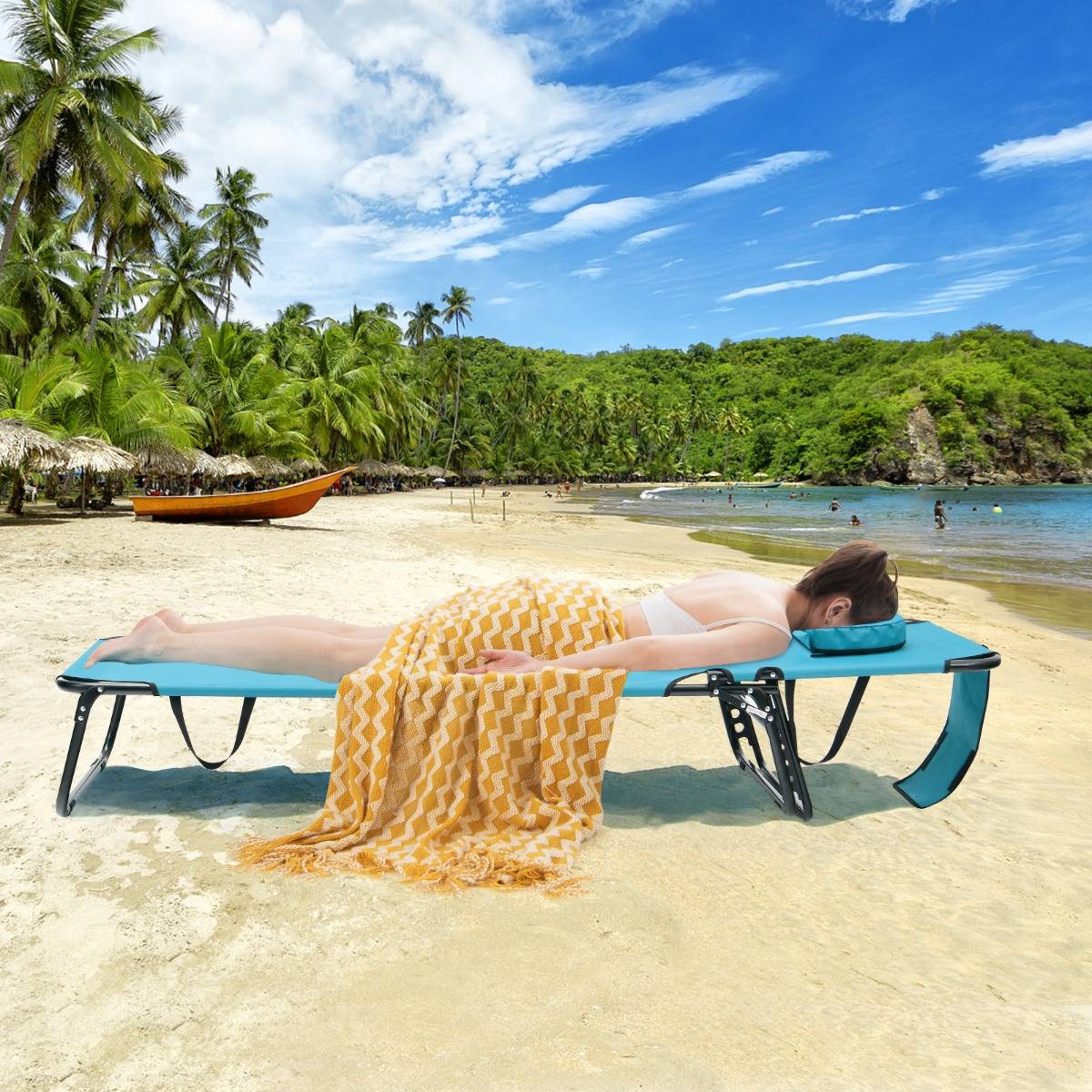 Bain de Soleil Chaise Longue Transat Bronzage Pliante avec Trou 3 Coussins Amovibles et Dossier Réglable Sur 5 Positions Vert - Image 3