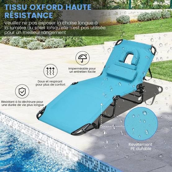 Bain de Soleil Chaise Longue Transat Bronzage Pliante avec Trou 3 Coussins Amovibles et Dossier Réglable Sur 5 Positions Vert - Image 6