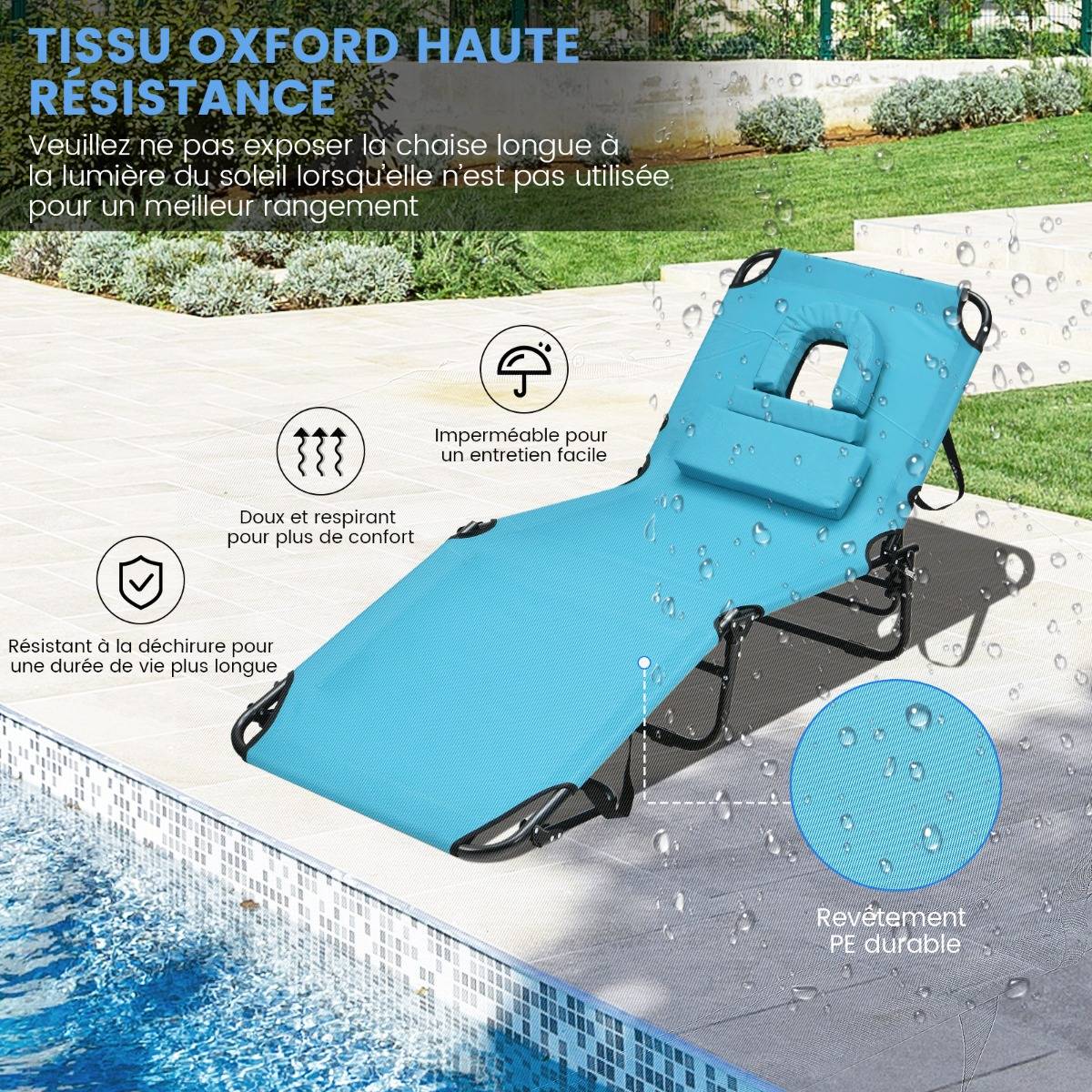 Bain de Soleil Chaise Longue Transat Bronzage Pliante avec Trou 3 Coussins Amovibles et Dossier Réglable Sur 5 Positions Vert - Image 6