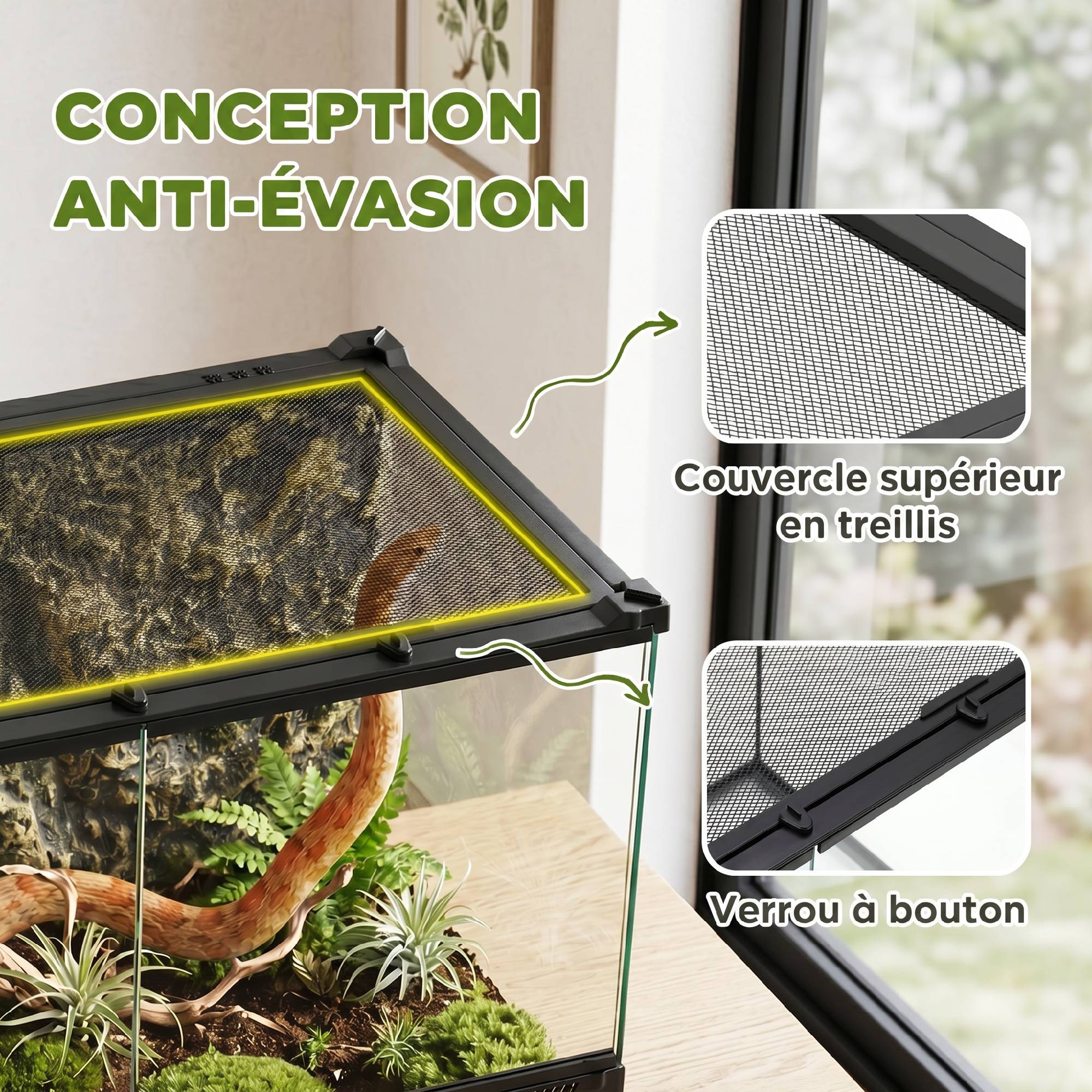 ComfortXL - Terrarium pour reptiles en verre trempé 50 x 30 x 35 cm noir avec fond rocheux ventilation et fermeture sécurisée - Image 6