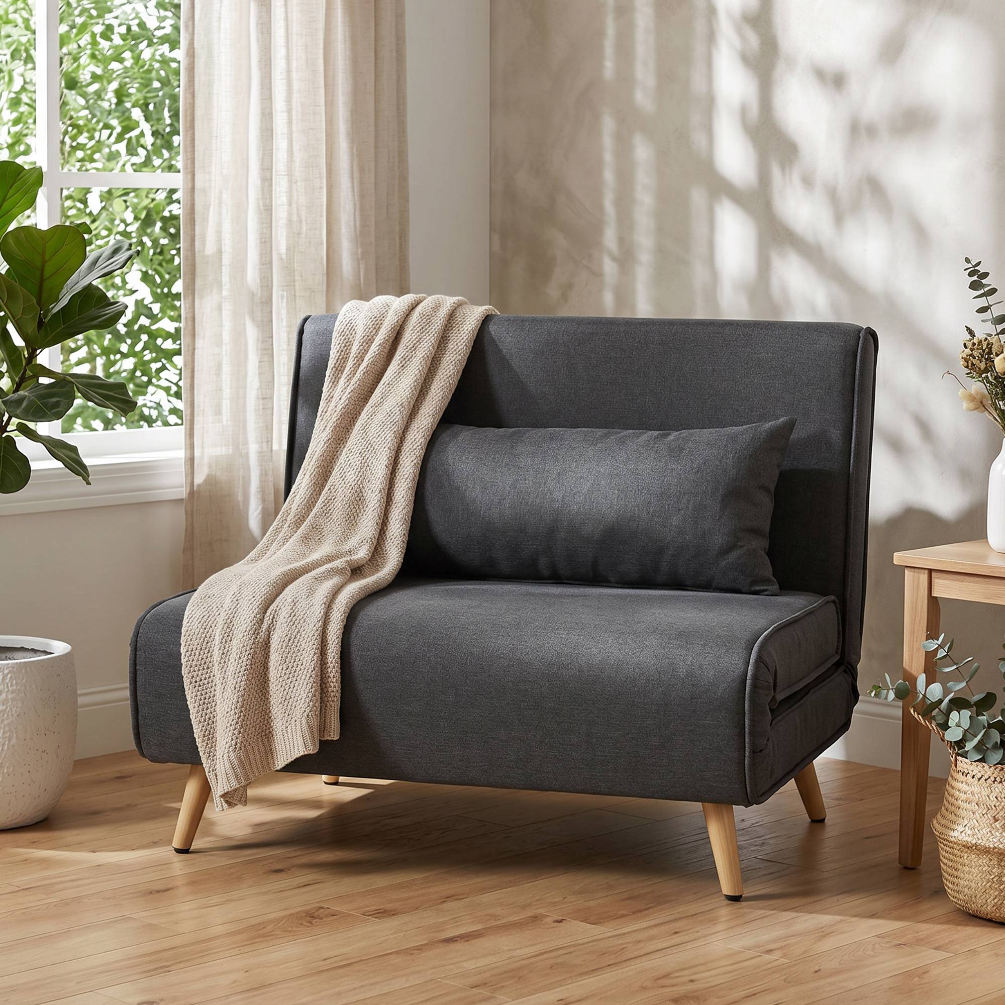 Fauteuil-lit pliant 3 en 1, aspect lin, dossier réglable et rembourrage épais, gris - Image 4