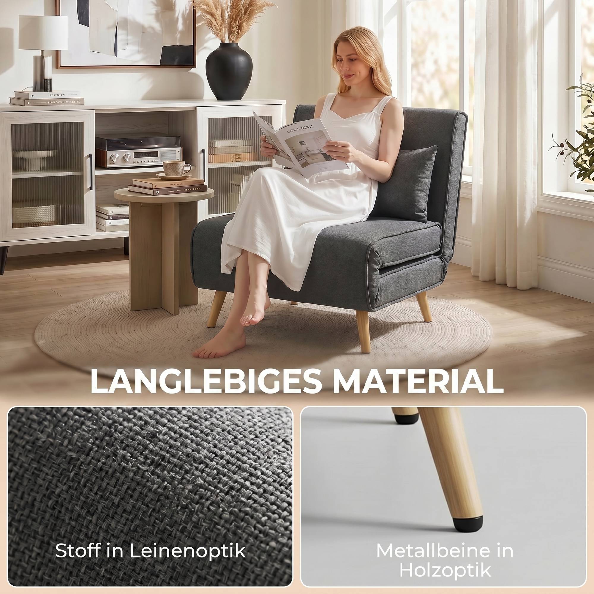 Fauteuil-lit pliant 3 en 1, aspect lin, dossier réglable et rembourrage épais, gris - Image 8