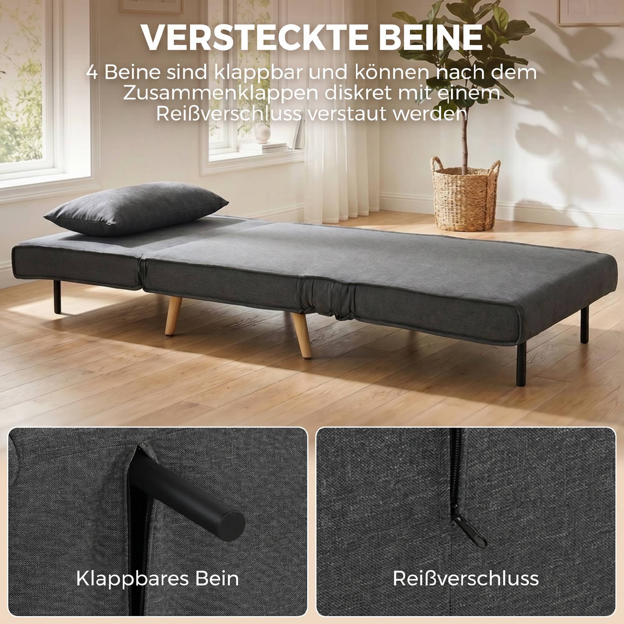 Fauteuil-lit pliant 3 en 1, aspect lin, dossier réglable et rembourrage épais, gris - Image 9