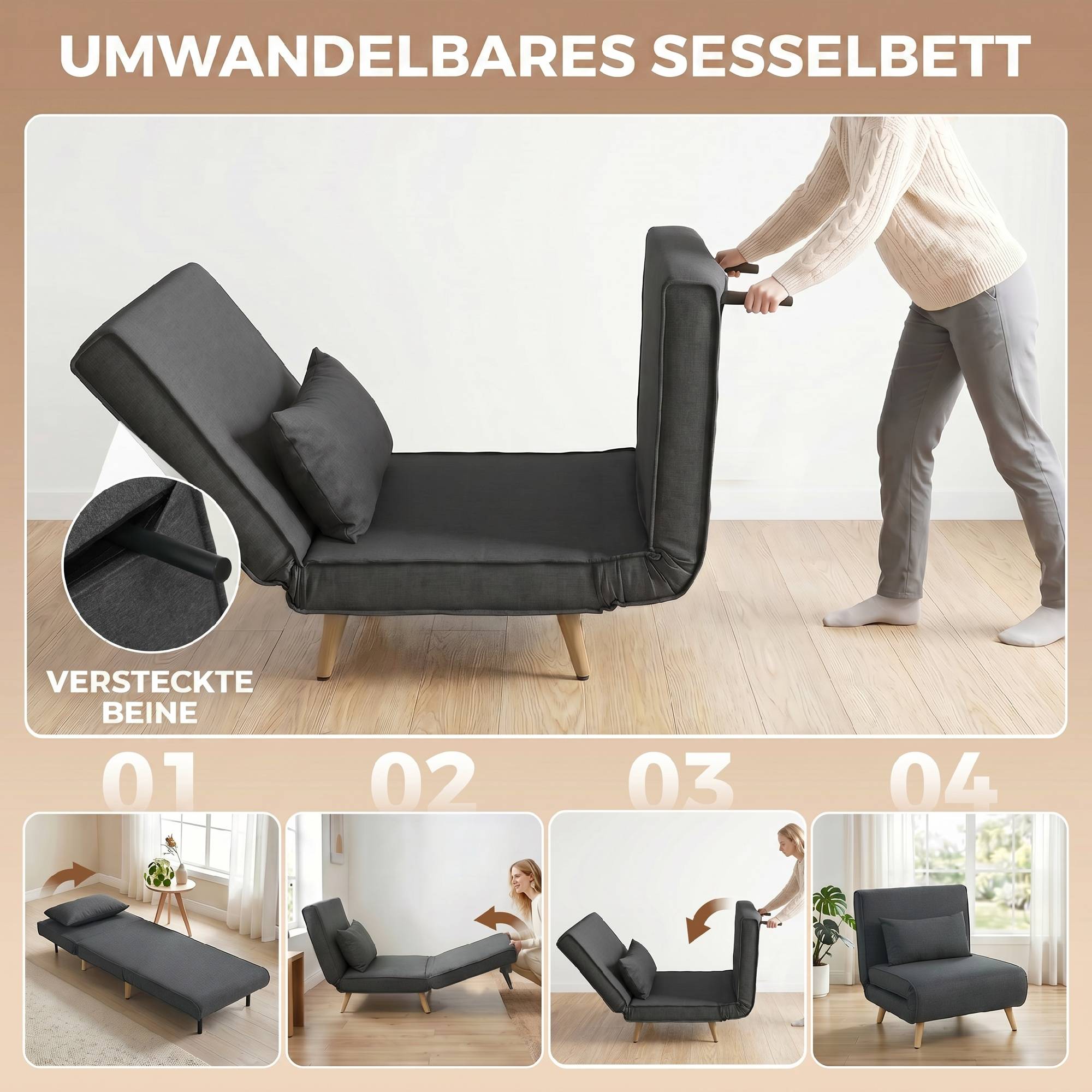 Fauteuil-lit pliant 3 en 1, aspect lin, dossier réglable et rembourrage épais, gris - Image 6