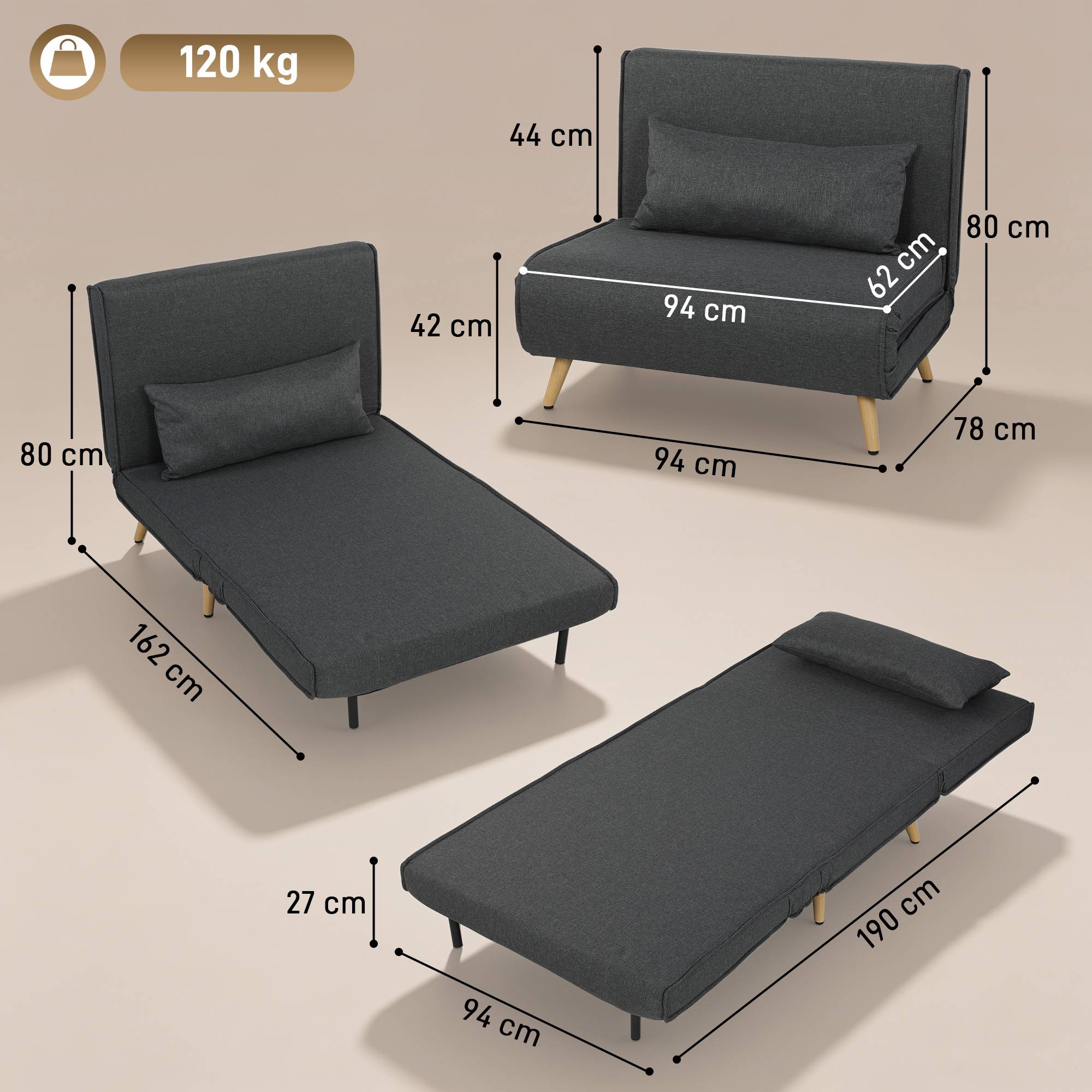 Fauteuil-lit pliant 3 en 1, aspect lin, dossier réglable et rembourrage épais, gris - Image 5