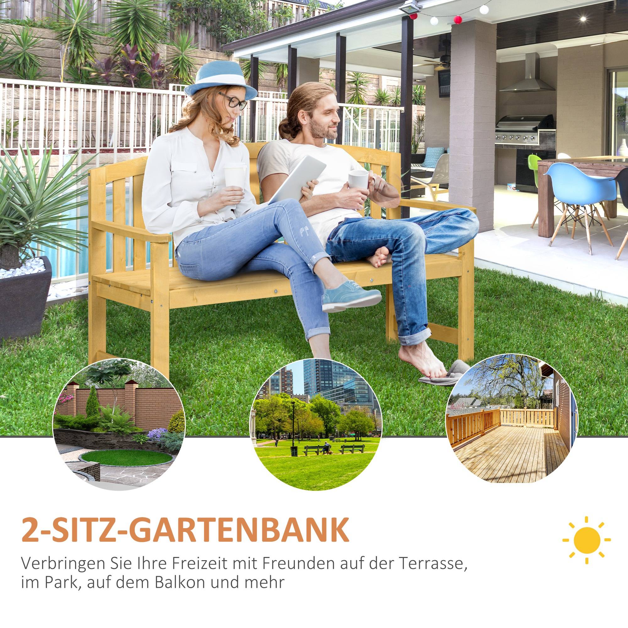 Banc de jardin 2 places en bois résistant aux UV, capacité 240 kg, 140 x 50 x 85 cm, Orange, meuble extérieur durable - Image 4