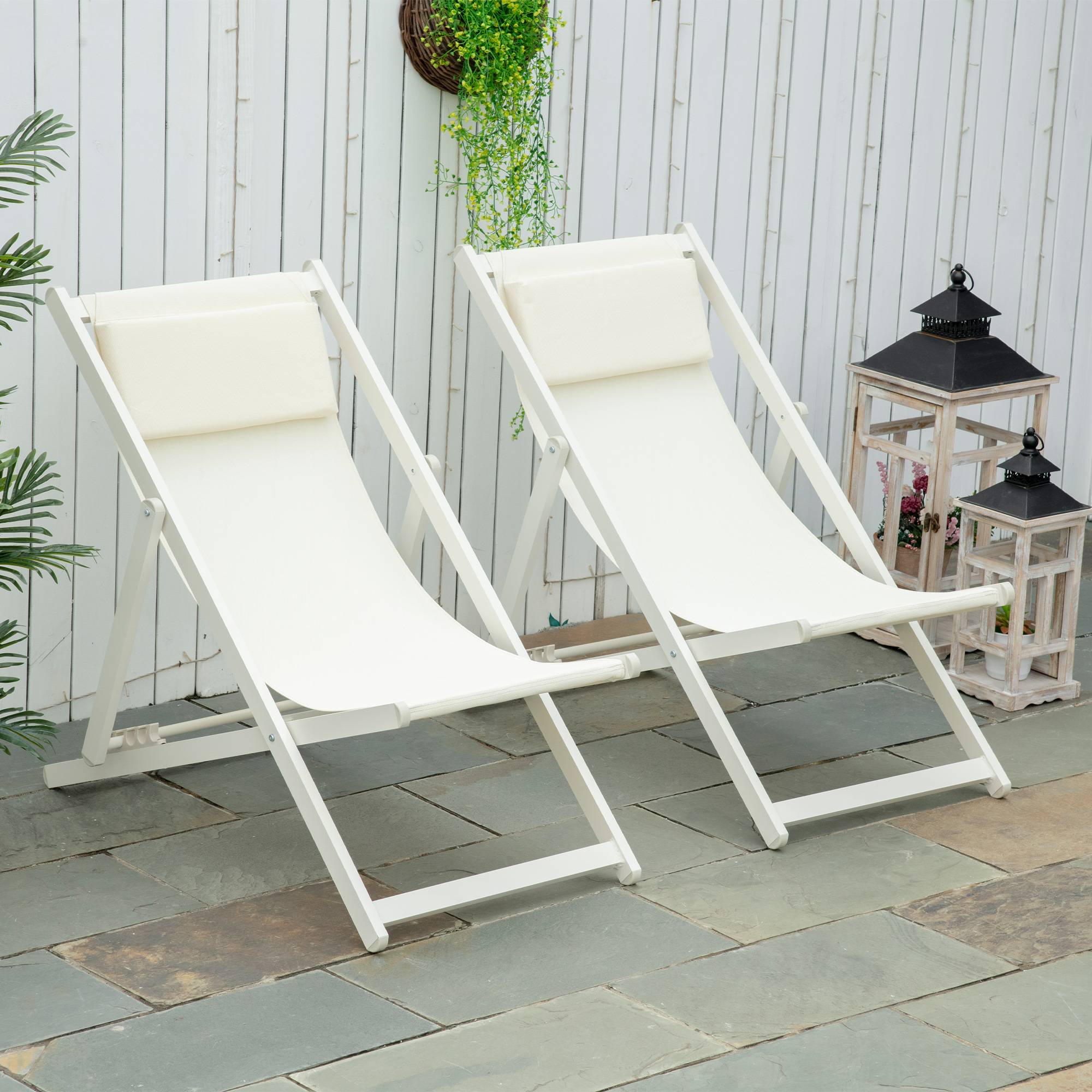 Lot de 2 chaises longues aluminium blanches 5 positions réglables 60x100x85 cm, transats jardin pour terrasse - Image 4