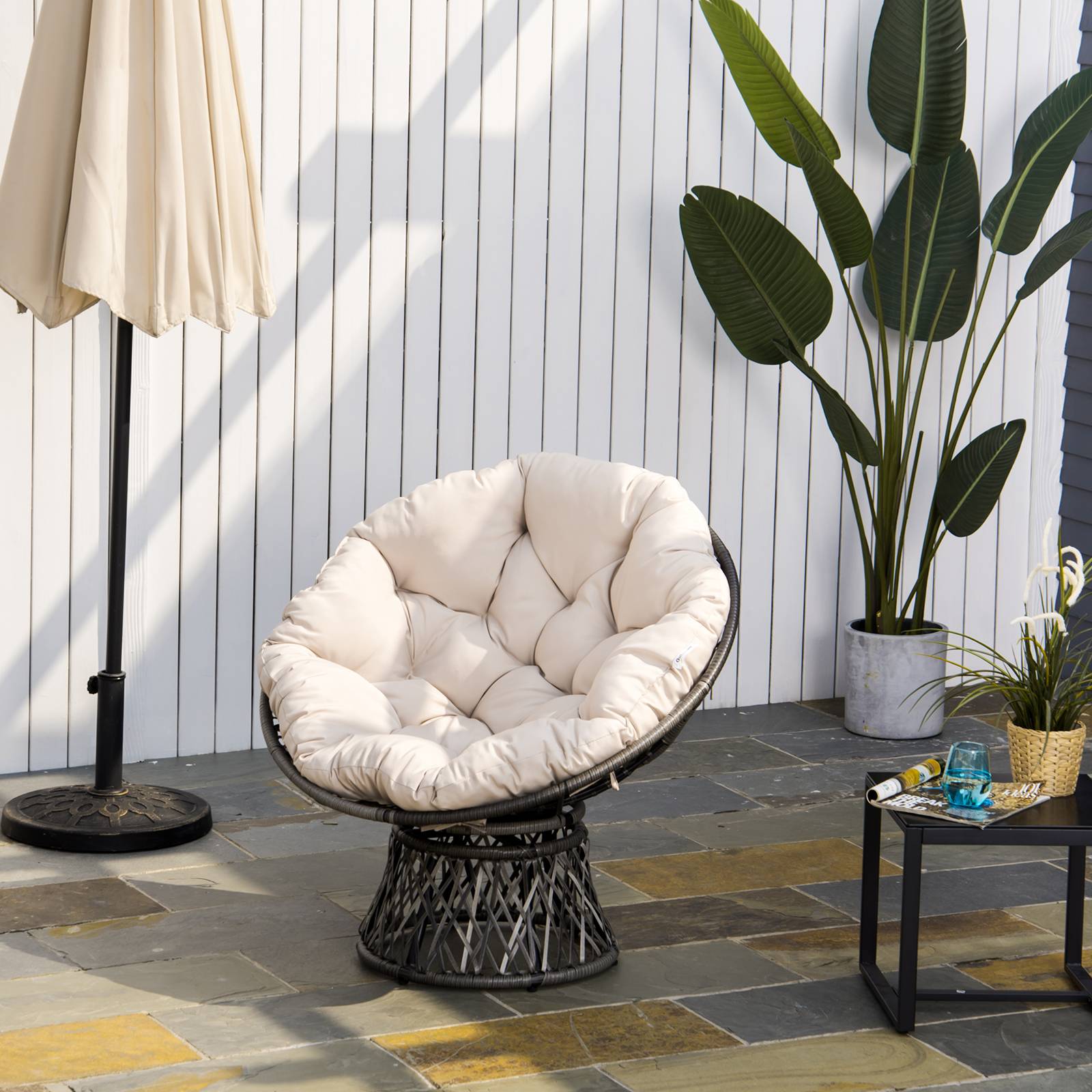 Fauteuil de jardin papasan pivotant résine tressée crème 97 x 87 x 90 cm - PANGIVO - Image 4