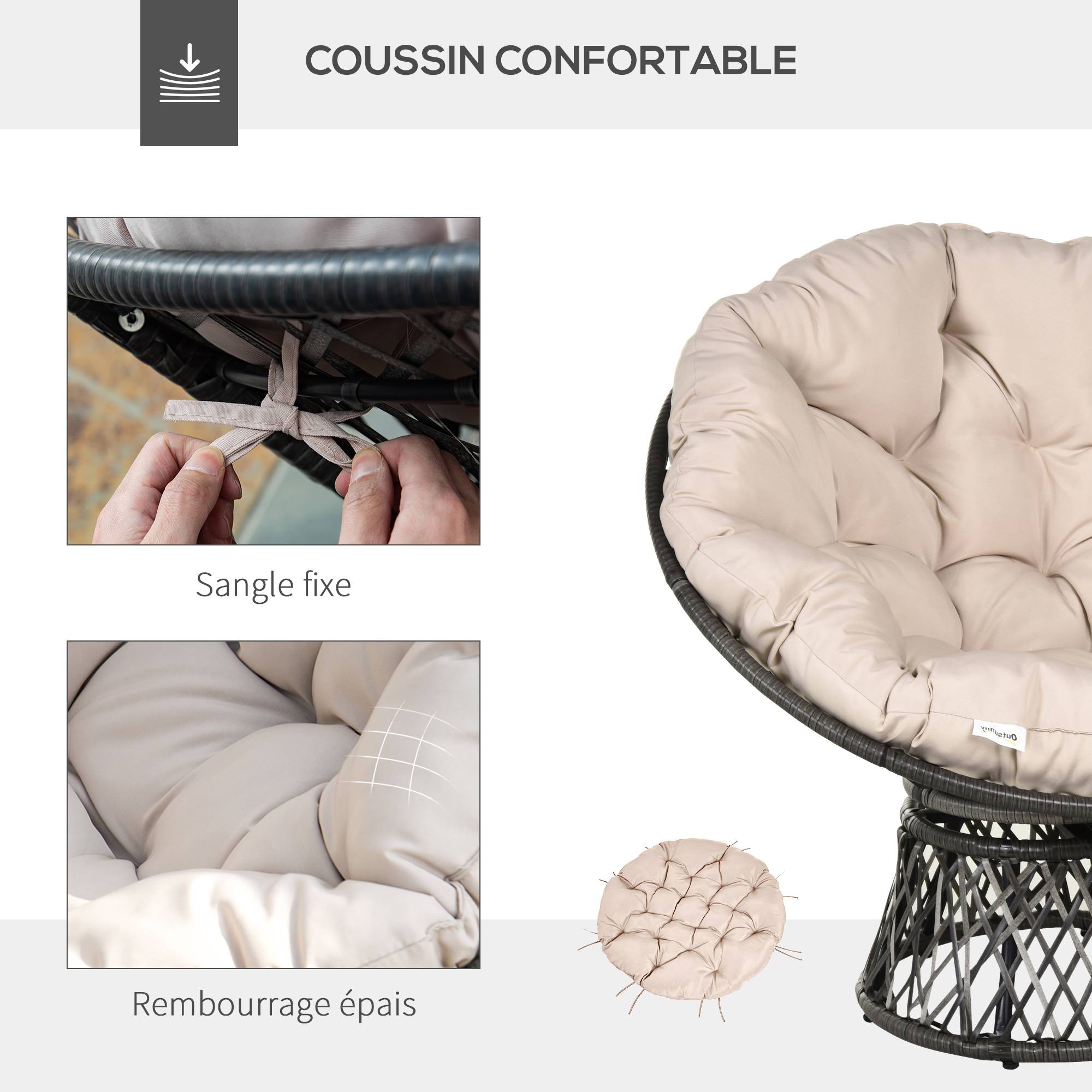 Fauteuil de jardin papasan pivotant résine tressée crème 97 x 87 x 90 cm - PANGIVO - Image 8