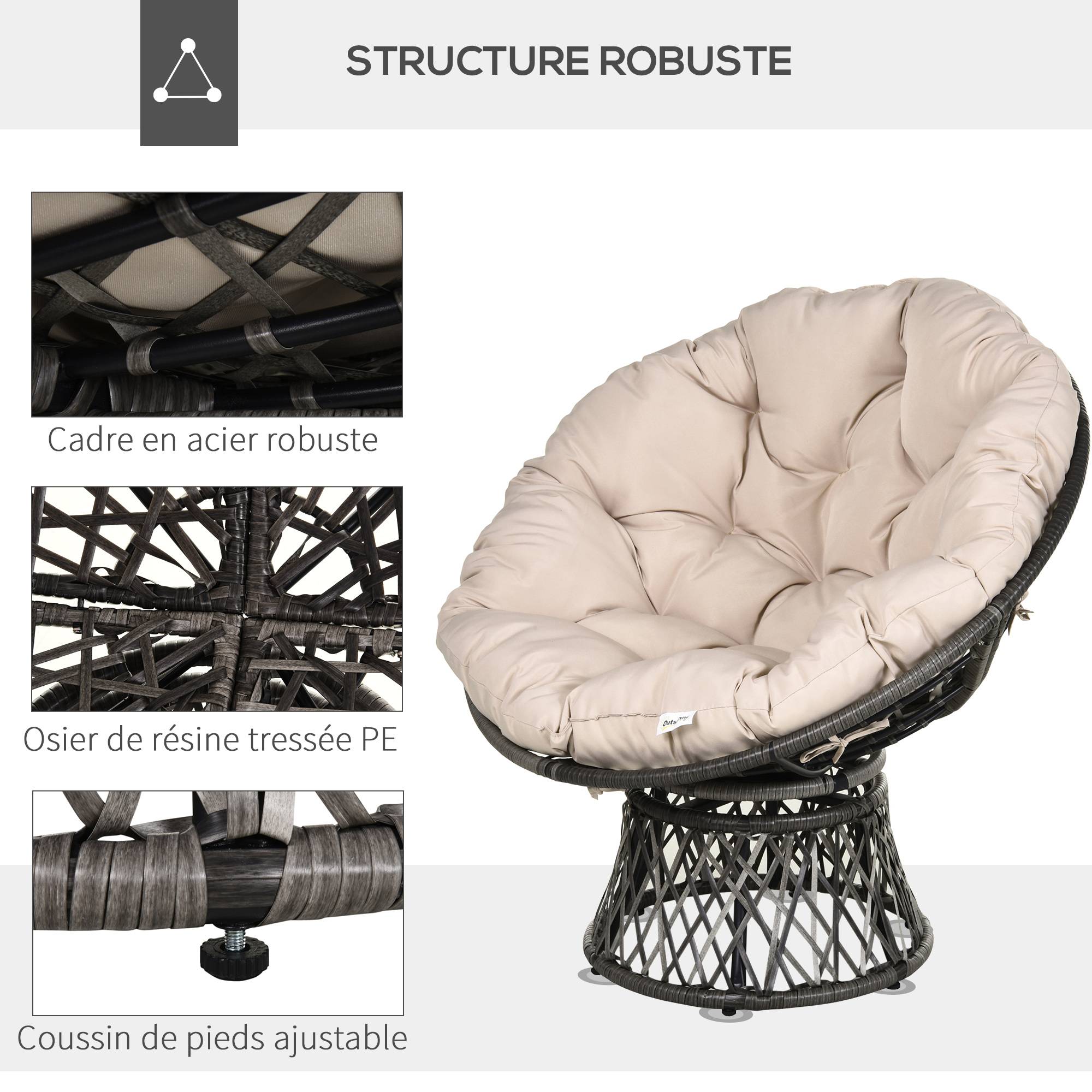Fauteuil de jardin papasan pivotant résine tressée crème 97 x 87 x 90 cm - PANGIVO - Image 9