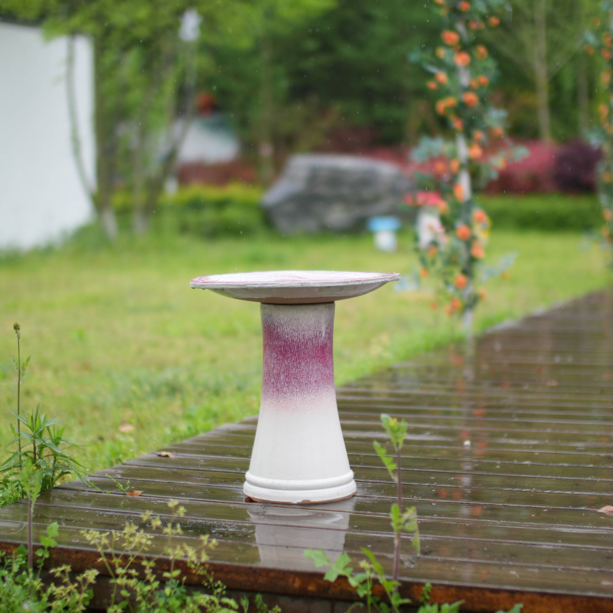 ComfortXL - Bain d’oiseaux céramique blanc rose Ø 43 cm H 45 cm jardin terrasse stable antigel - ComfortXL Outdoor Living - Image 6