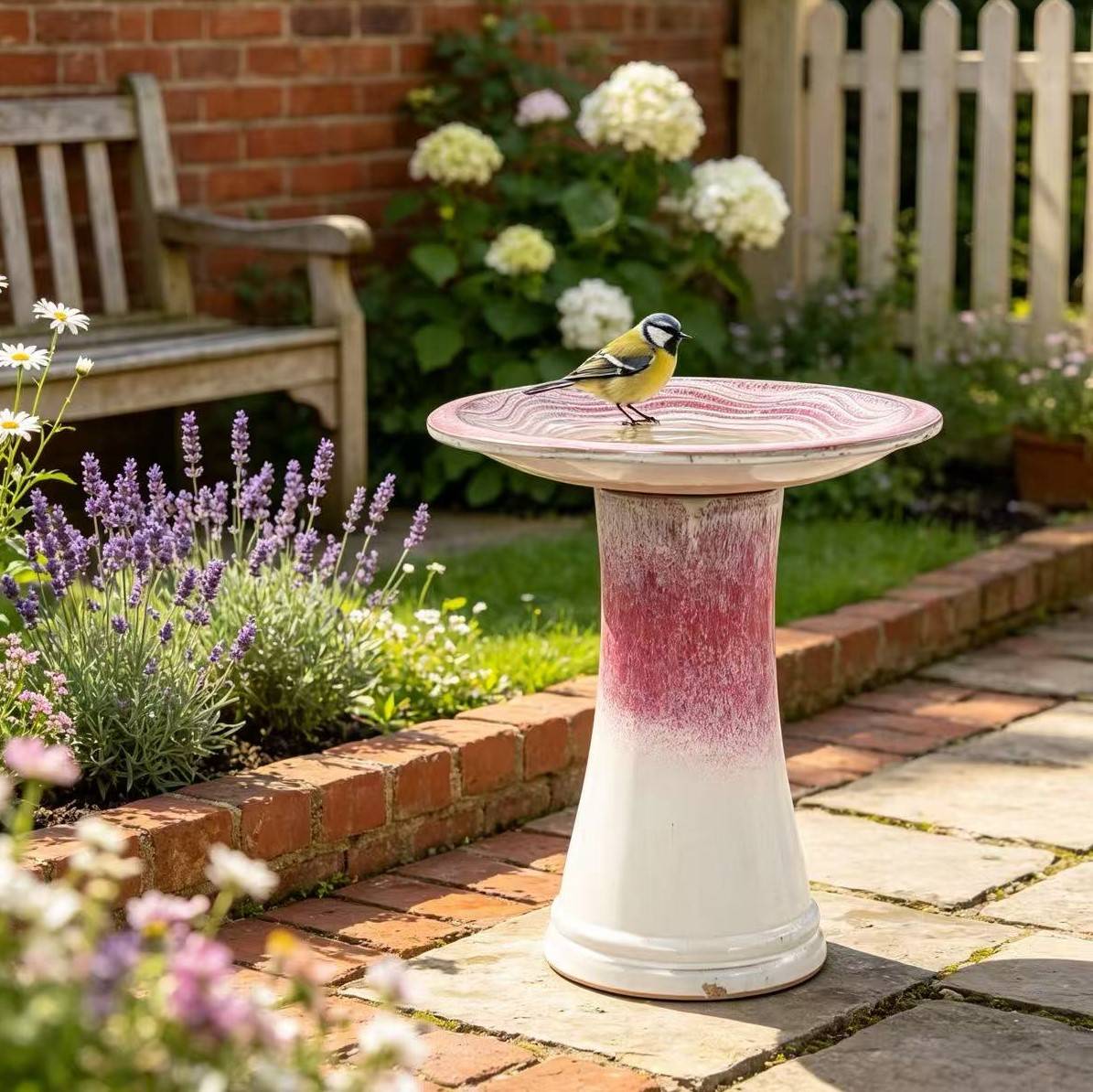 ComfortXL - Bain d’oiseaux céramique blanc rose Ø 43 cm H 45 cm jardin terrasse stable antigel - ComfortXL Outdoor Living - Image 1