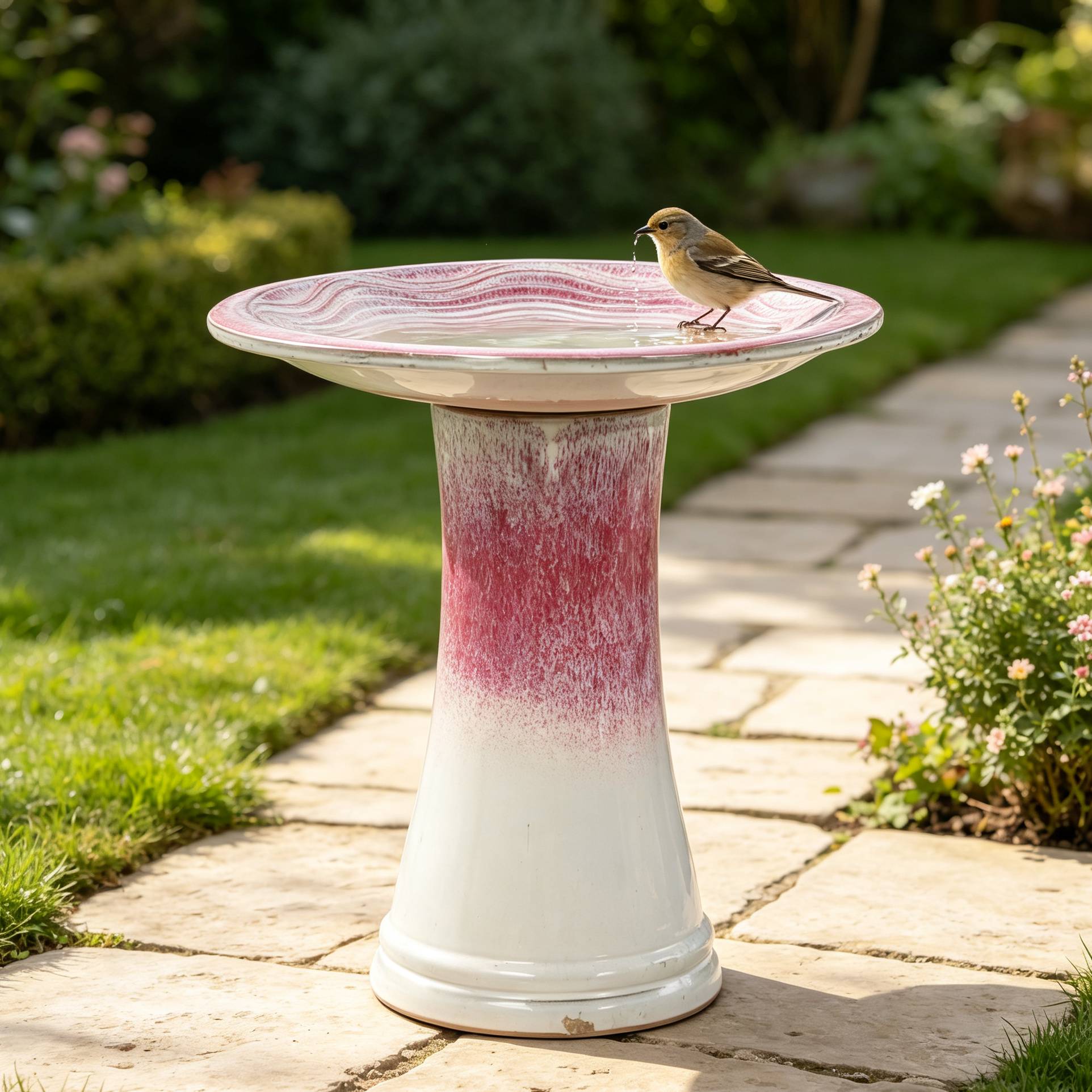 ComfortXL - Bain d’oiseaux céramique blanc rose Ø 43 cm H 45 cm jardin terrasse stable antigel - ComfortXL Outdoor Living - Image 4