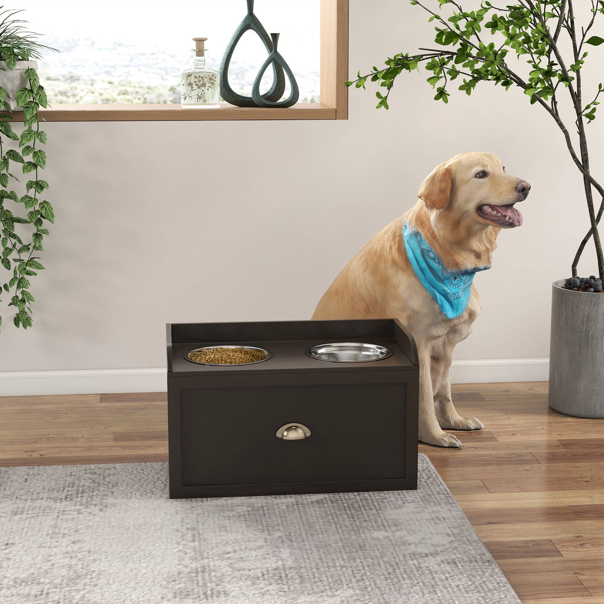 Sans Marque - Gamelle surélevée grands chiens 2 gamelles 2L inox et 1 tiroir 63x30x36 cm marron - Image 4