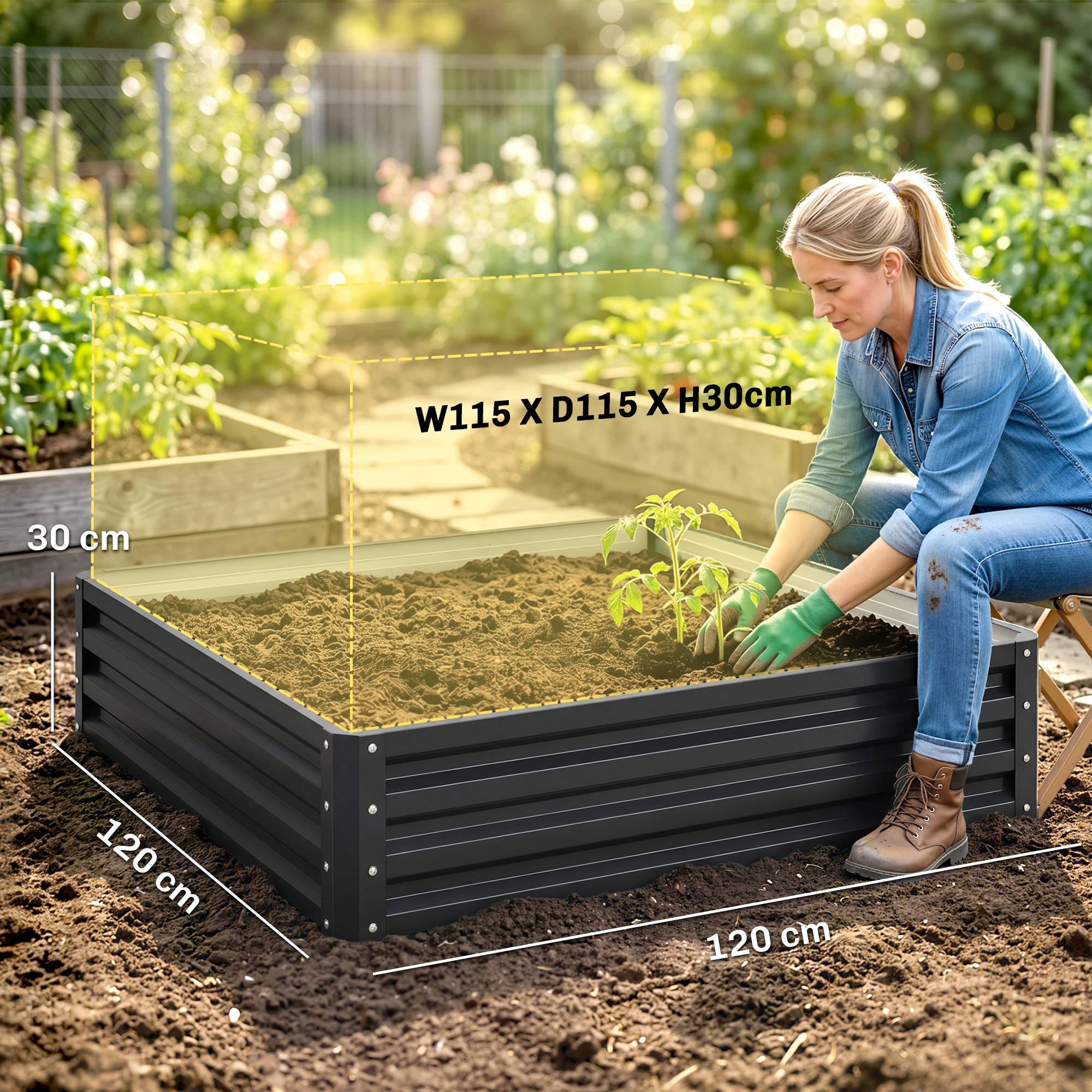 Sans Marque - Carré potager jardin acier galvanisée 120x120x30 cm gris - Image 5