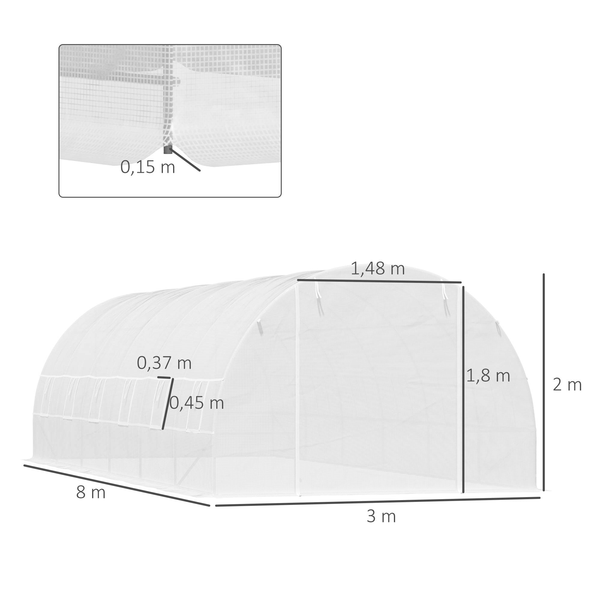 Grande Serre Tunnel 24m² Acier et Bâche PE 12 Fenêtres pour Potager Intensif 8x3x2 m Blanc - ComfortXL Outdoor Living - Image 5