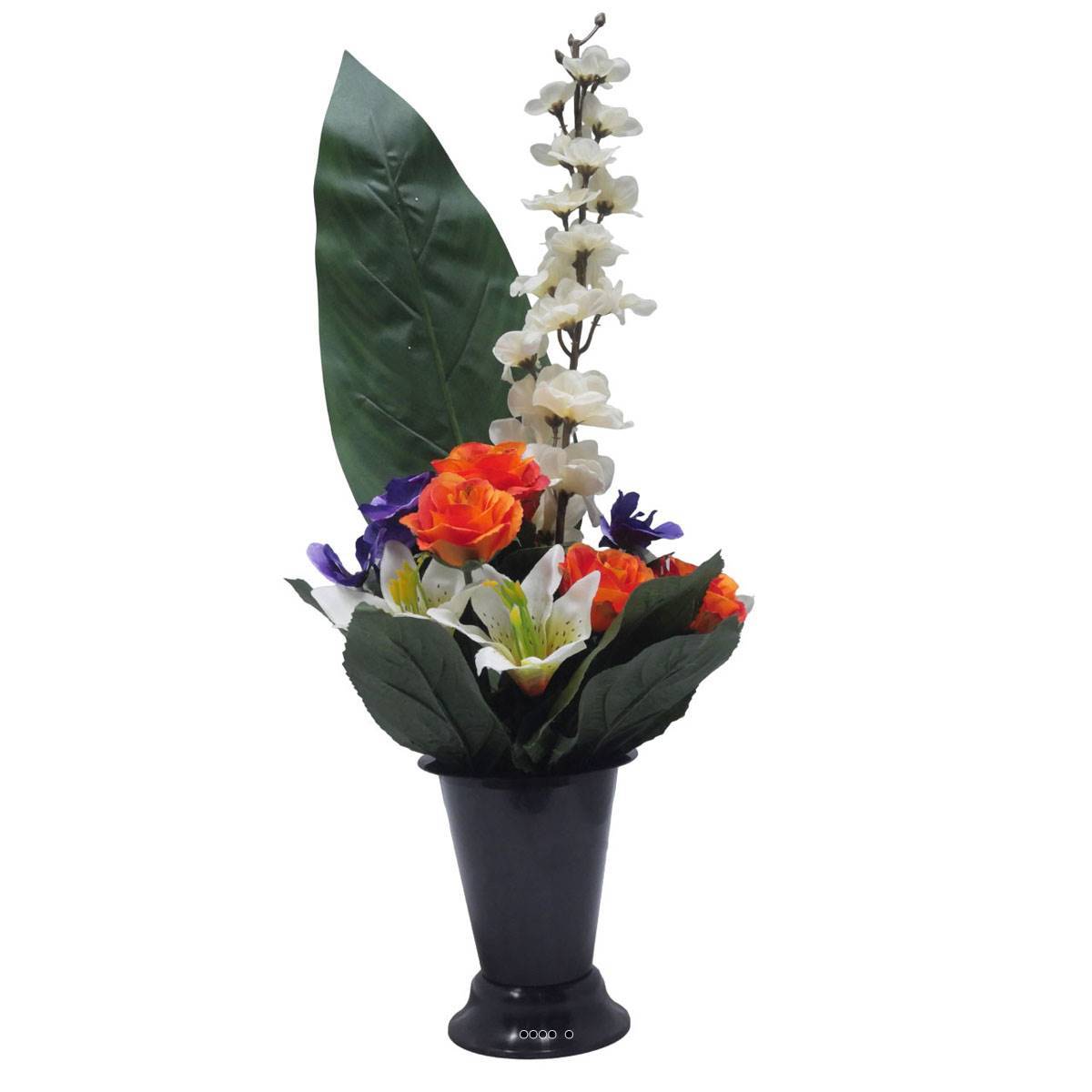 Artificielles - Pot Cone de fleurs artificielles de Rose, Lys, pensée, Delphinium Orange - Toussaint - couleur: Orange - Image 2