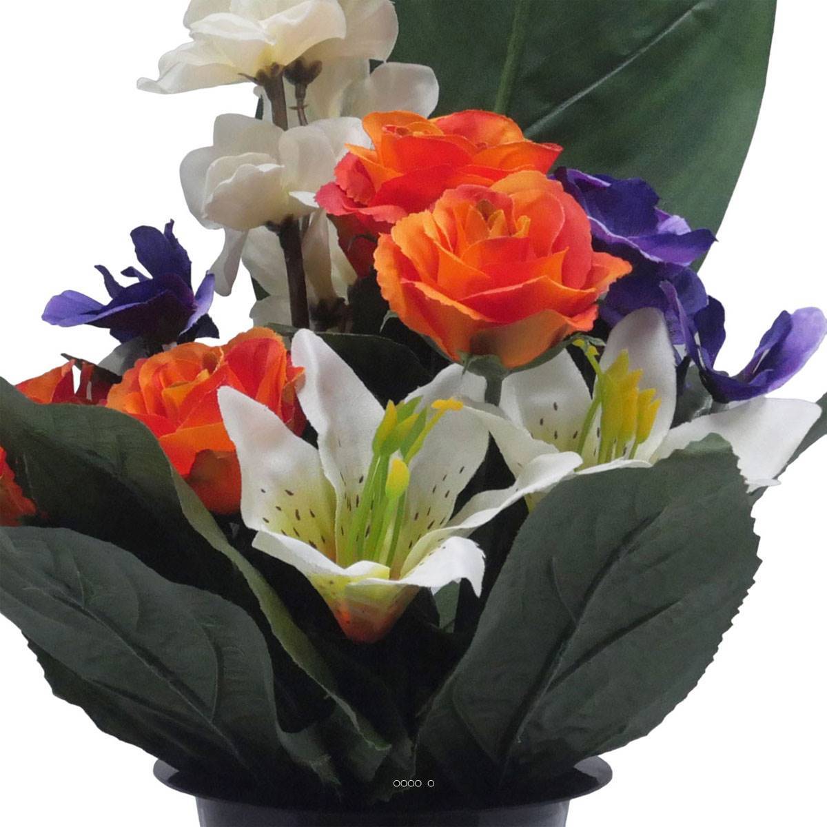 Artificielles - Pot Cone de fleurs artificielles de Rose, Lys, pensée, Delphinium Orange - Toussaint - couleur: Orange - Image 3