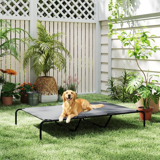 ComfortXL - Lit surélevé pour grand chien en acier et textilène gris 152 x 94 x 23 cm respirant pour jardin et terrasse - Image 8