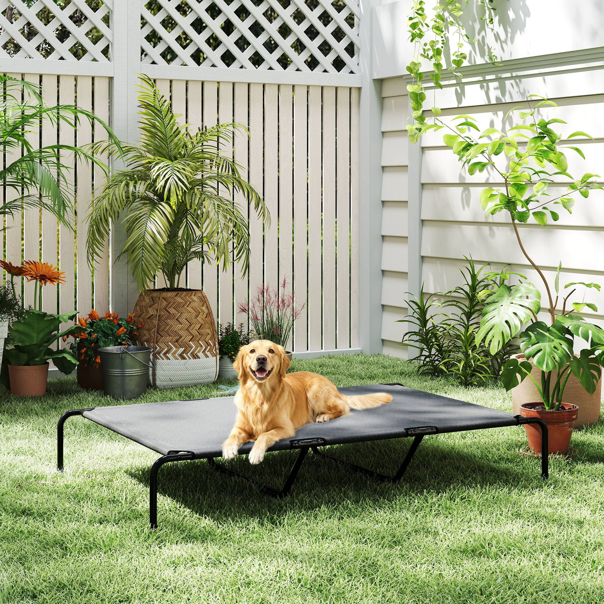 ComfortXL - Lit surélevé pour grand chien en acier et textilène gris 152 x 94 x 23 cm respirant pour jardin et terrasse - Image 8