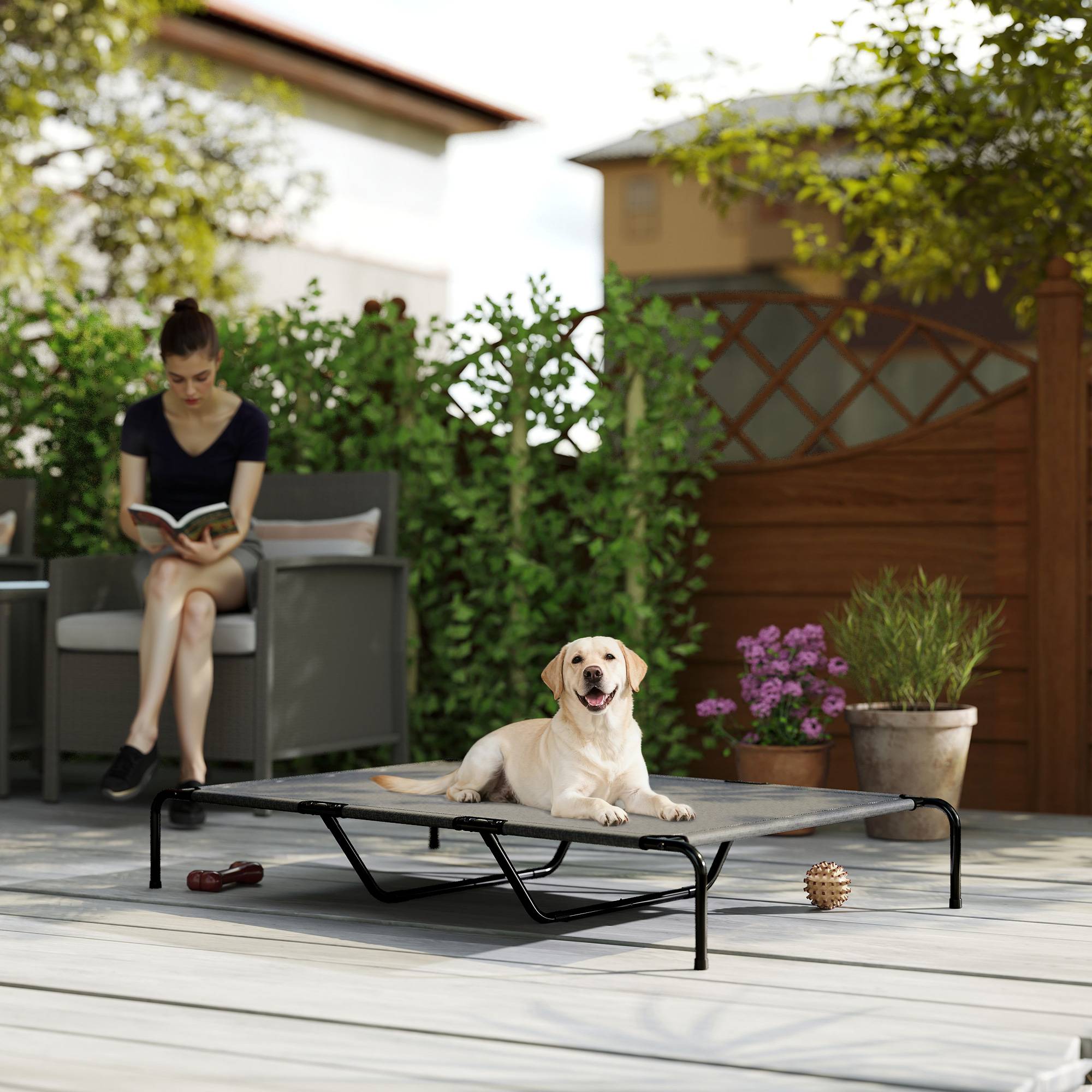 ComfortXL - Lit surélevé pour grand chien en acier et textilène gris 152 x 94 x 23 cm respirant pour jardin et terrasse - Image 1