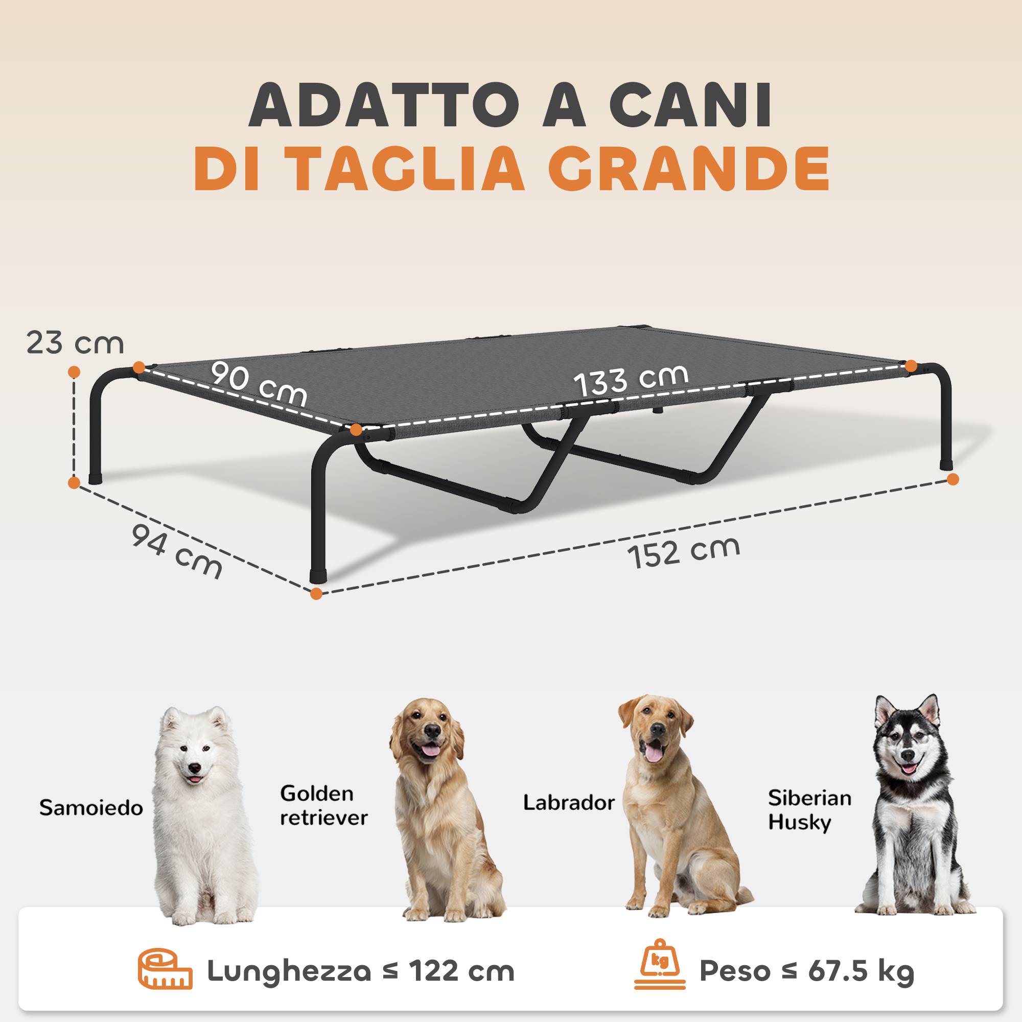 ComfortXL - Lit surélevé pour grand chien en acier et textilène gris 152 x 94 x 23 cm respirant pour jardin et terrasse - Image 3