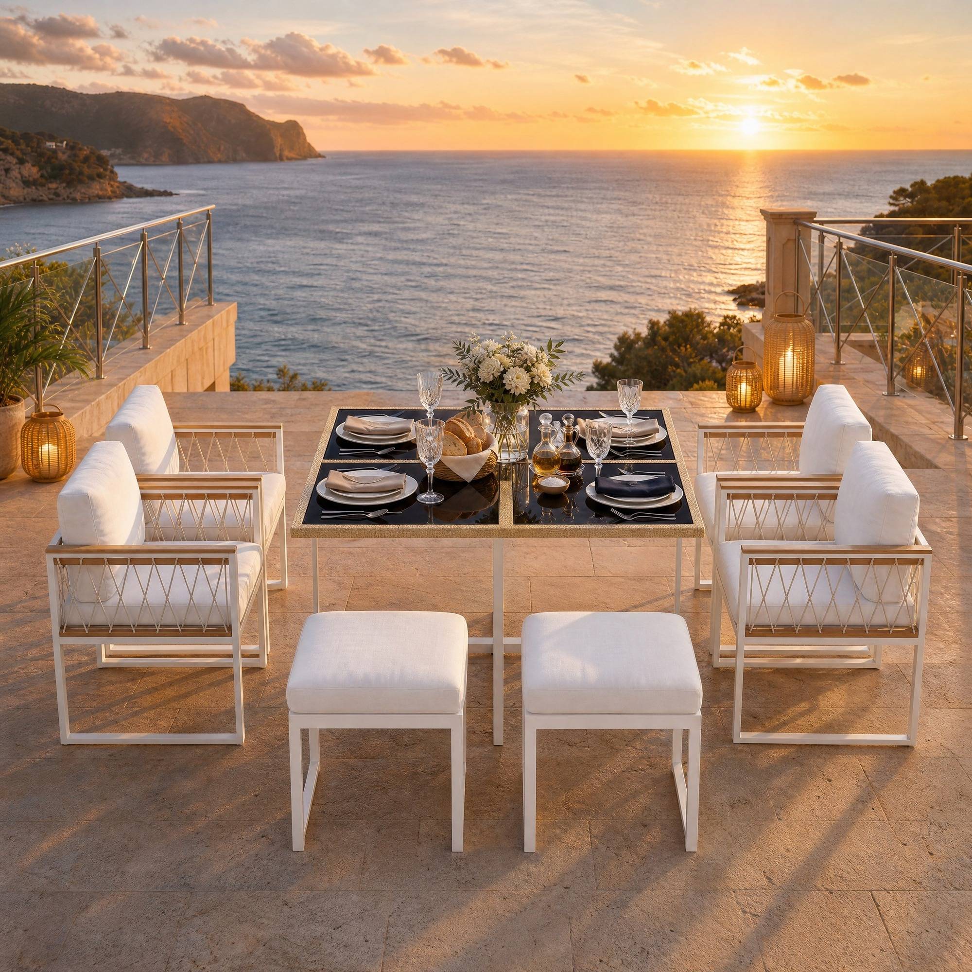 Salon de Jardin avec 1 Table 4 Fauteuils et 2 Repose-pieds pour 6 personnes Tissu Naturel Blanc - Image 3