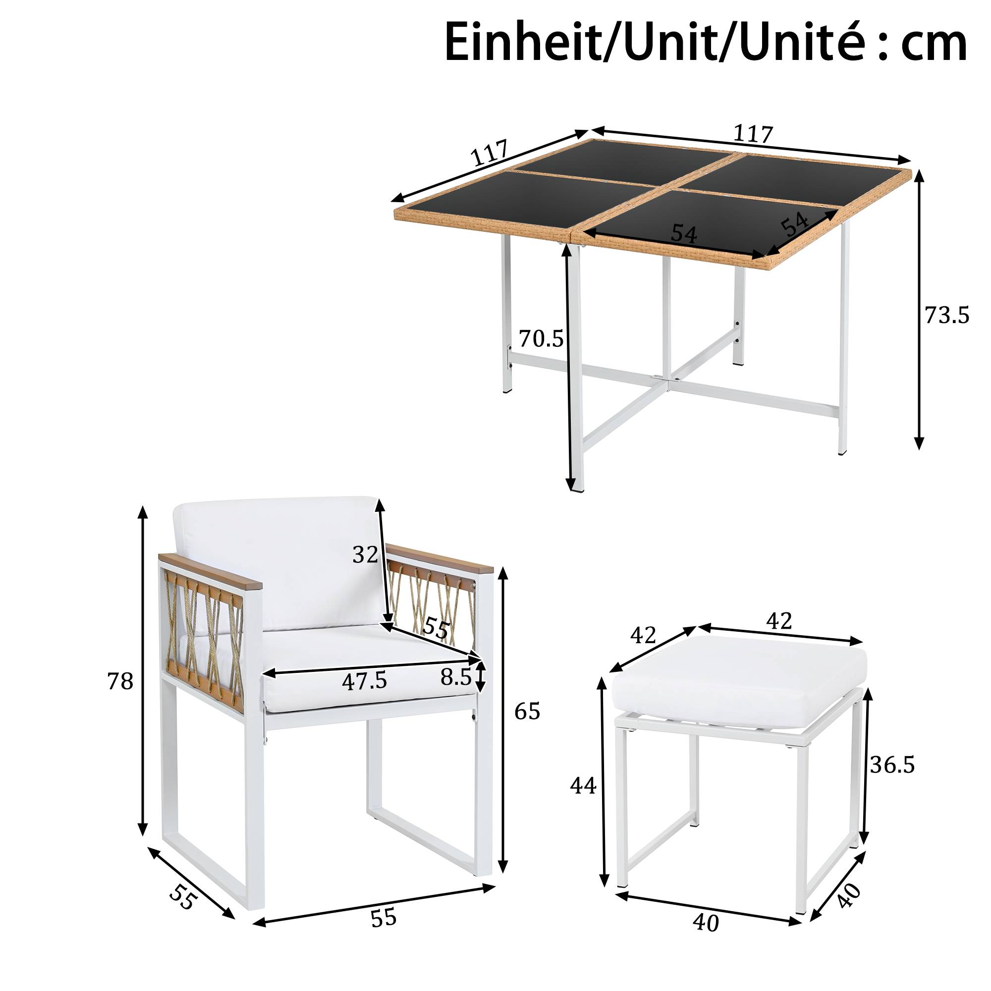 Salon de Jardin avec 1 Table 4 Fauteuils et 2 Repose-pieds pour 6 personnes Tissu Naturel Blanc - Image 5