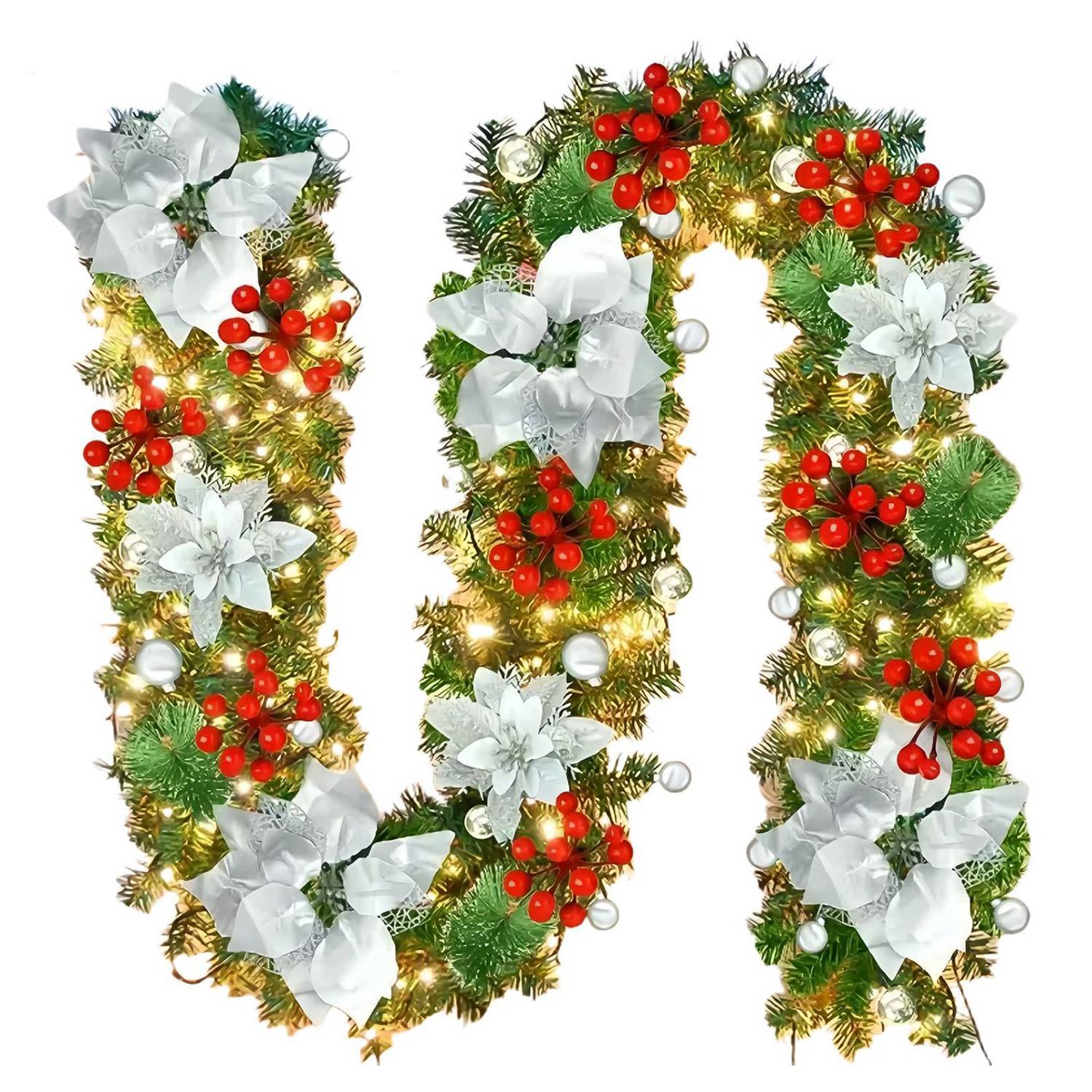 Guirlande de Noël de 180 cm avec lumières LED, décoration de Noël, couronne de Noël artificielle illuminée avec fleurs, décorations pour sapin de Noël - Image 1