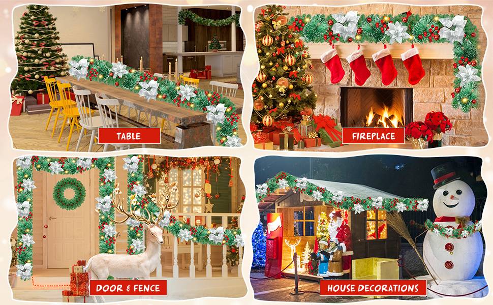 Guirlande de Noël de 180 cm avec lumières LED, décoration de Noël, couronne de Noël artificielle illuminée avec fleurs, décorations pour sapin de Noël - Image 8
