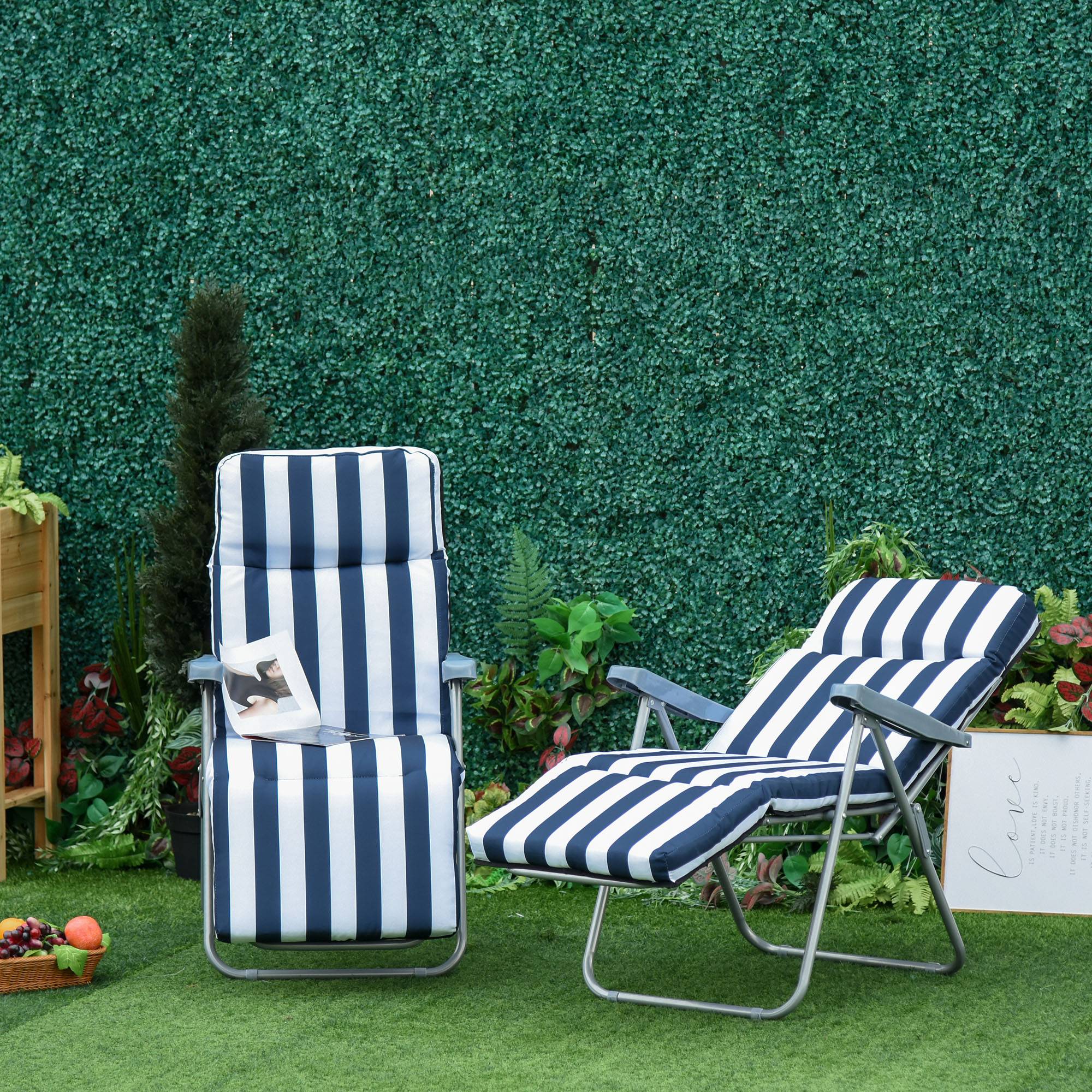 Outsunny - Lot 2 Chaises Longues Bain de Soleil Adjustable Pliable avec Coussin Transat Acier Bleu/Blanc - OUTSUNNY - Image 4