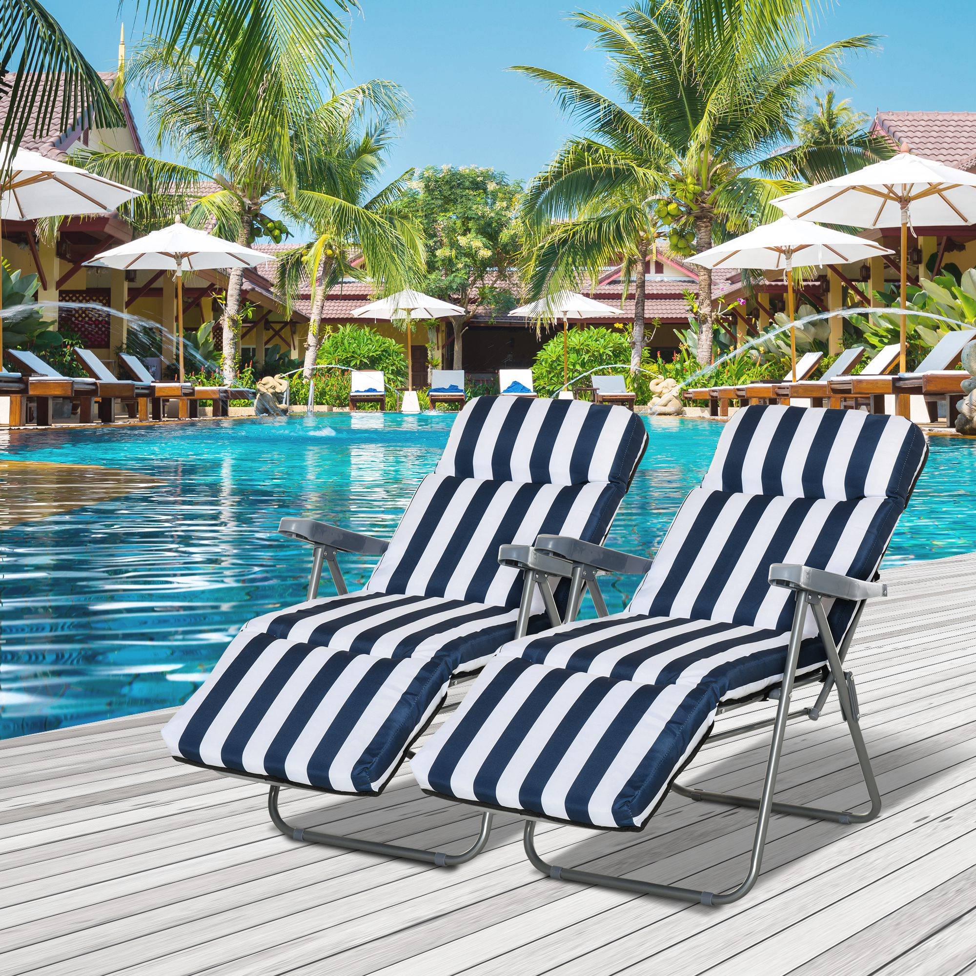 Outsunny - Lot 2 Chaises Longues Bain de Soleil Adjustable Pliable avec Coussin Transat Acier Bleu/Blanc - OUTSUNNY - Image 2