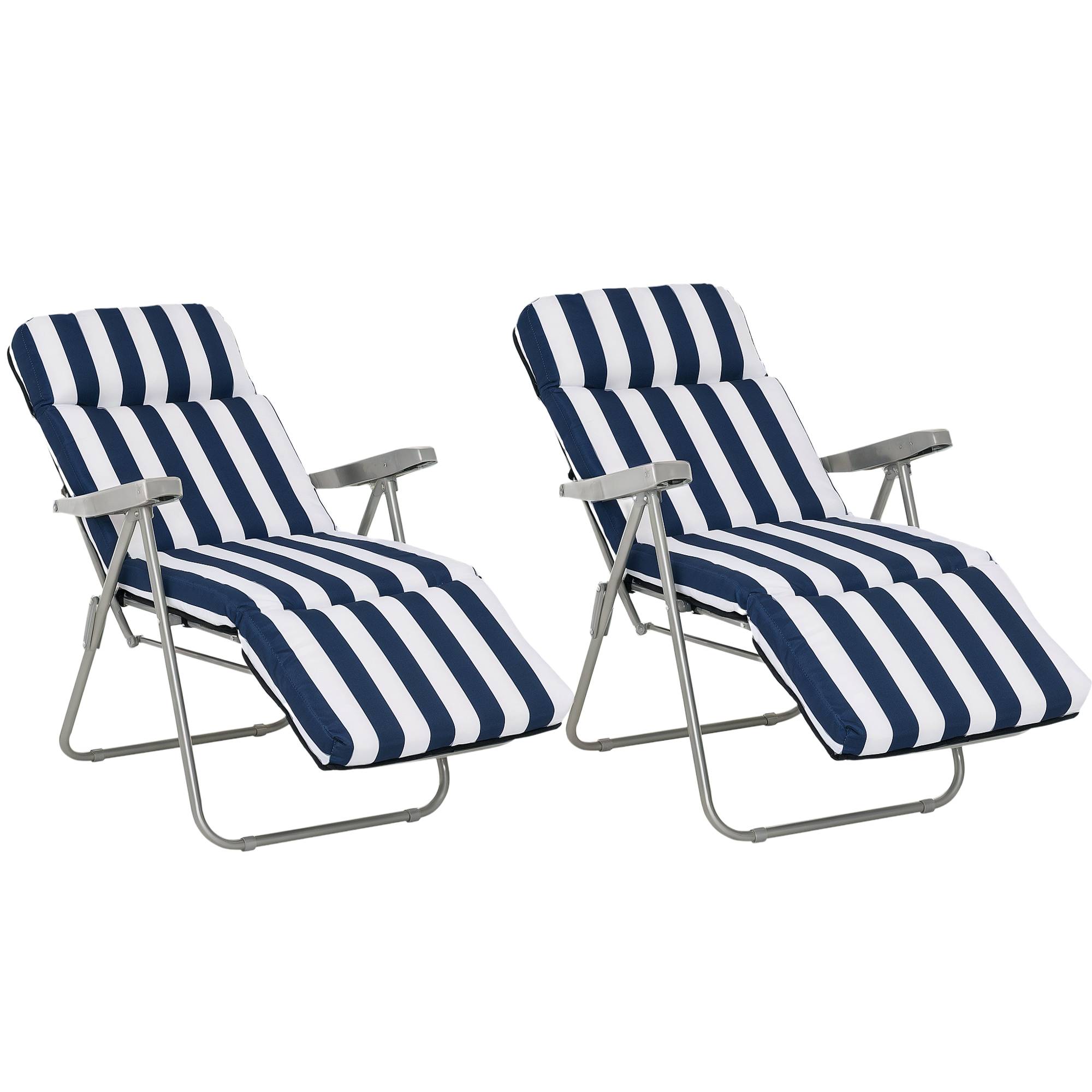 Outsunny - Lot 2 Chaises Longues Bain de Soleil Adjustable Pliable avec Coussin Transat Acier Bleu/Blanc - OUTSUNNY - Image 1