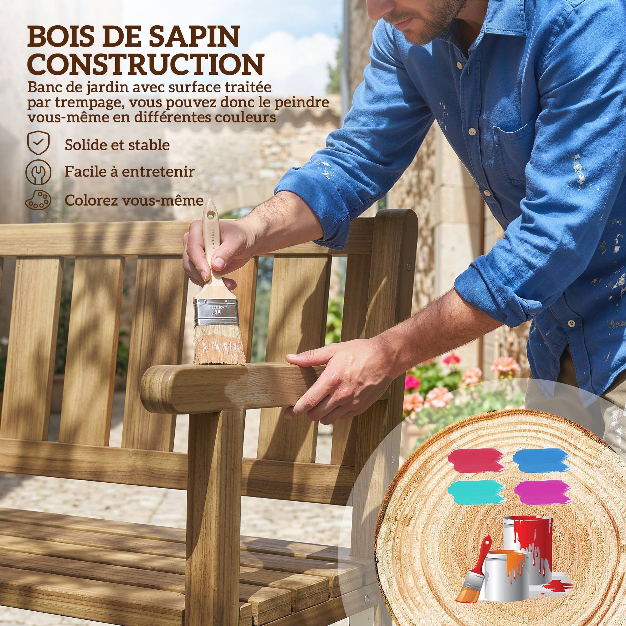 Outsunny - Banc de jardin - banquette extérieur 3 places, personnalisable (DIY) avec capacité 360 kg - bois - 167x57x93cm - teck - Outsunny - Image 8