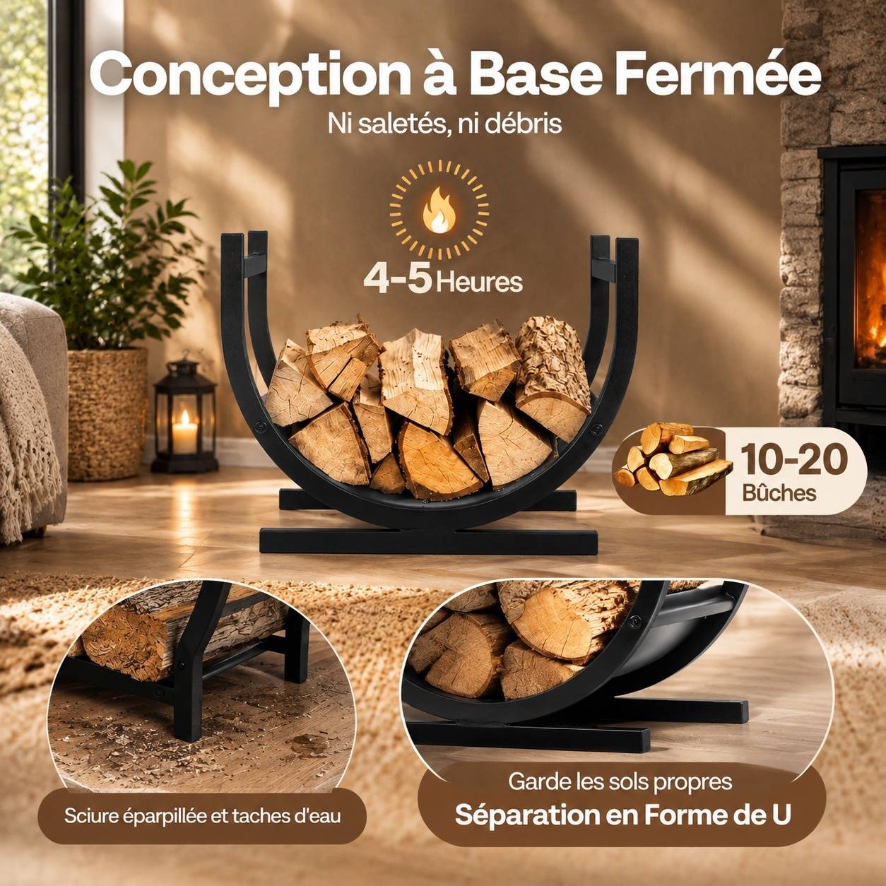 Support à Bûches en Métal Forme U Intérieur Extérieur - Image 3