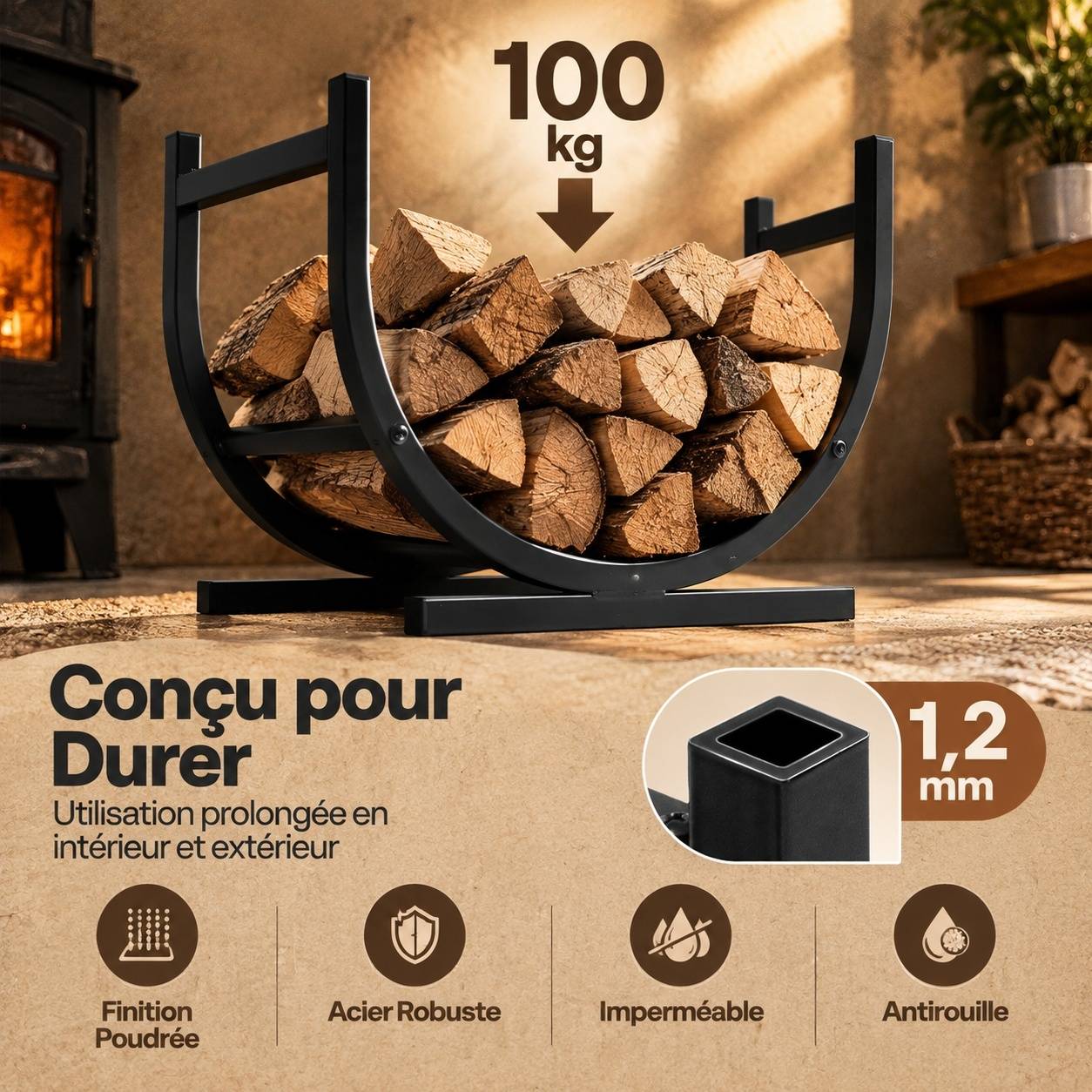 Support à Bûches en Métal Forme U Intérieur Extérieur - Image 2