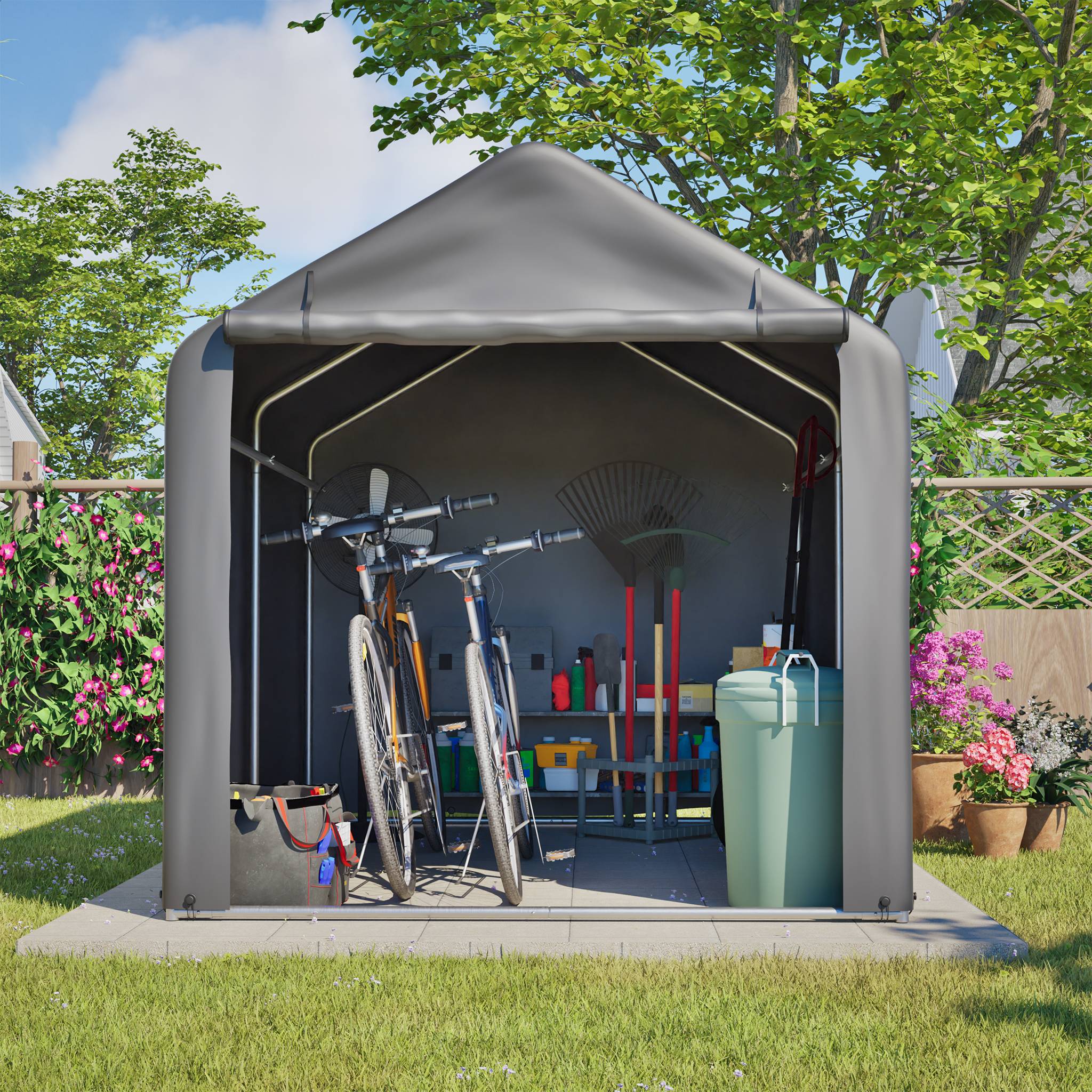 Abri à Vélos 160 x 220 x 165 cm avec Porte Sectionnelle, Abri Extérieur Étanche en PE Résistant aux Intempéries, Gris - Image 9