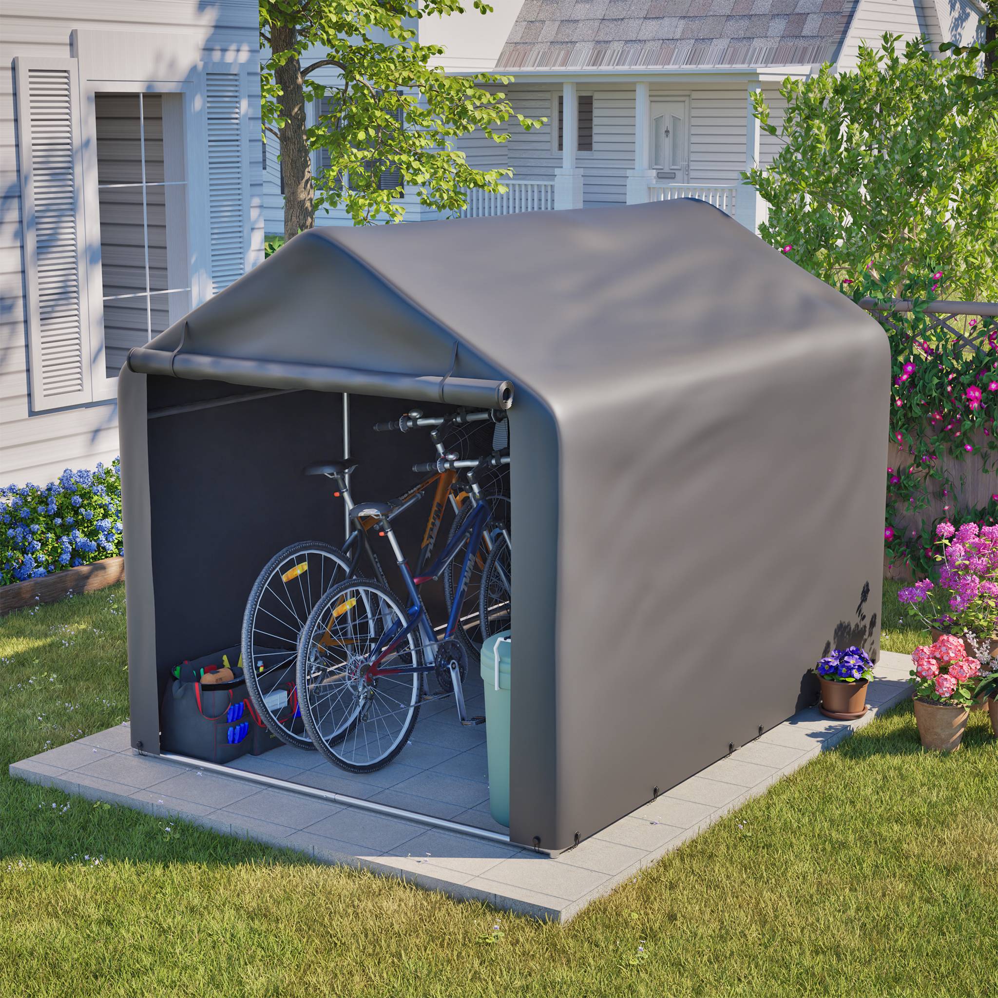 Abri à Vélos 160 x 220 x 165 cm avec Porte Sectionnelle, Abri Extérieur Étanche en PE Résistant aux Intempéries, Gris - Image 1