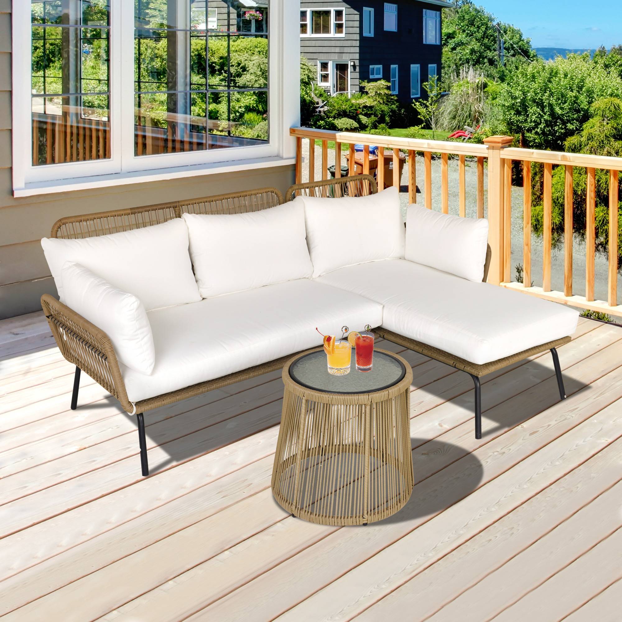 Outsunny - Salon de jardin d'angle 4 pers. style colonial table basse coussins grand confort inclus résine tressée beige - Outsunny - Image 2