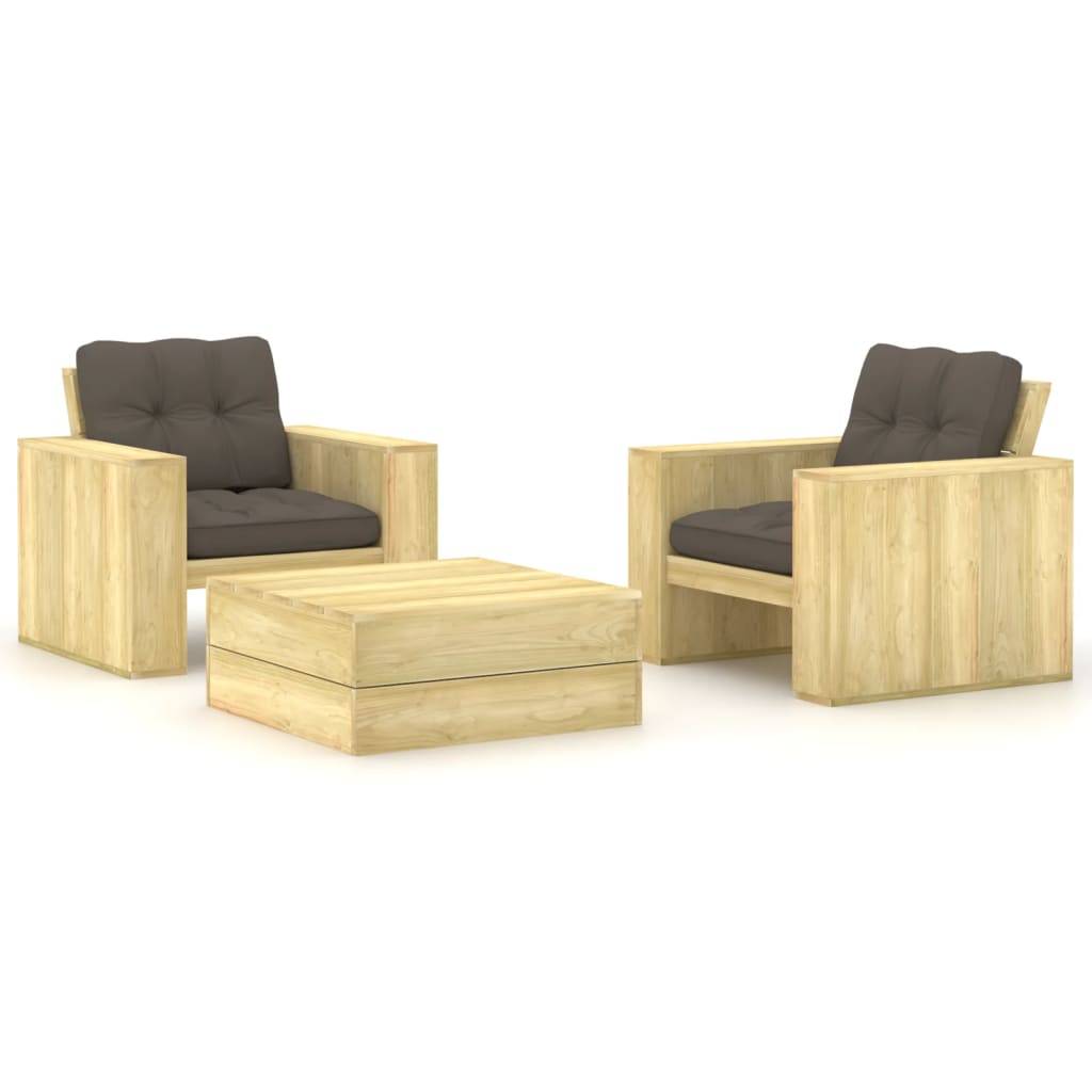 Salon de jardin meuble d'extérieur ensemble de mobilier 3 pièces avec coussins bois de pin imprégné - Image 1