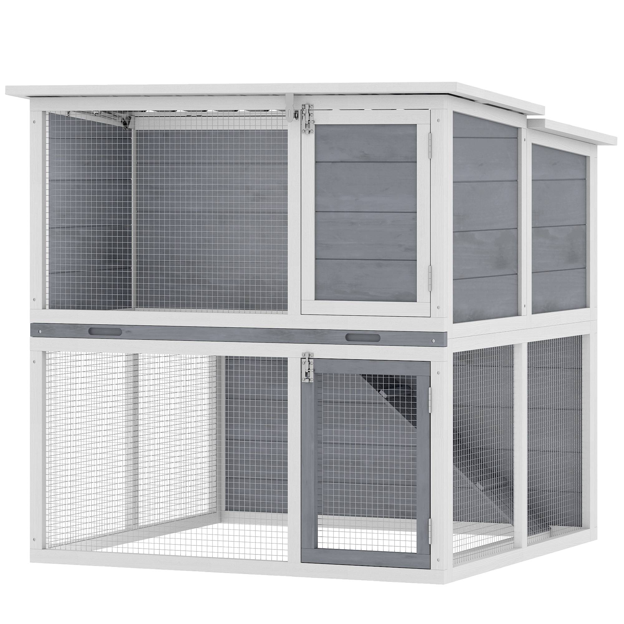 Clapier lapin extérieur cage à lapin 2 étages spacieux toit double ouverture plateau amovible 98x95x102,5cm gris - Image 2