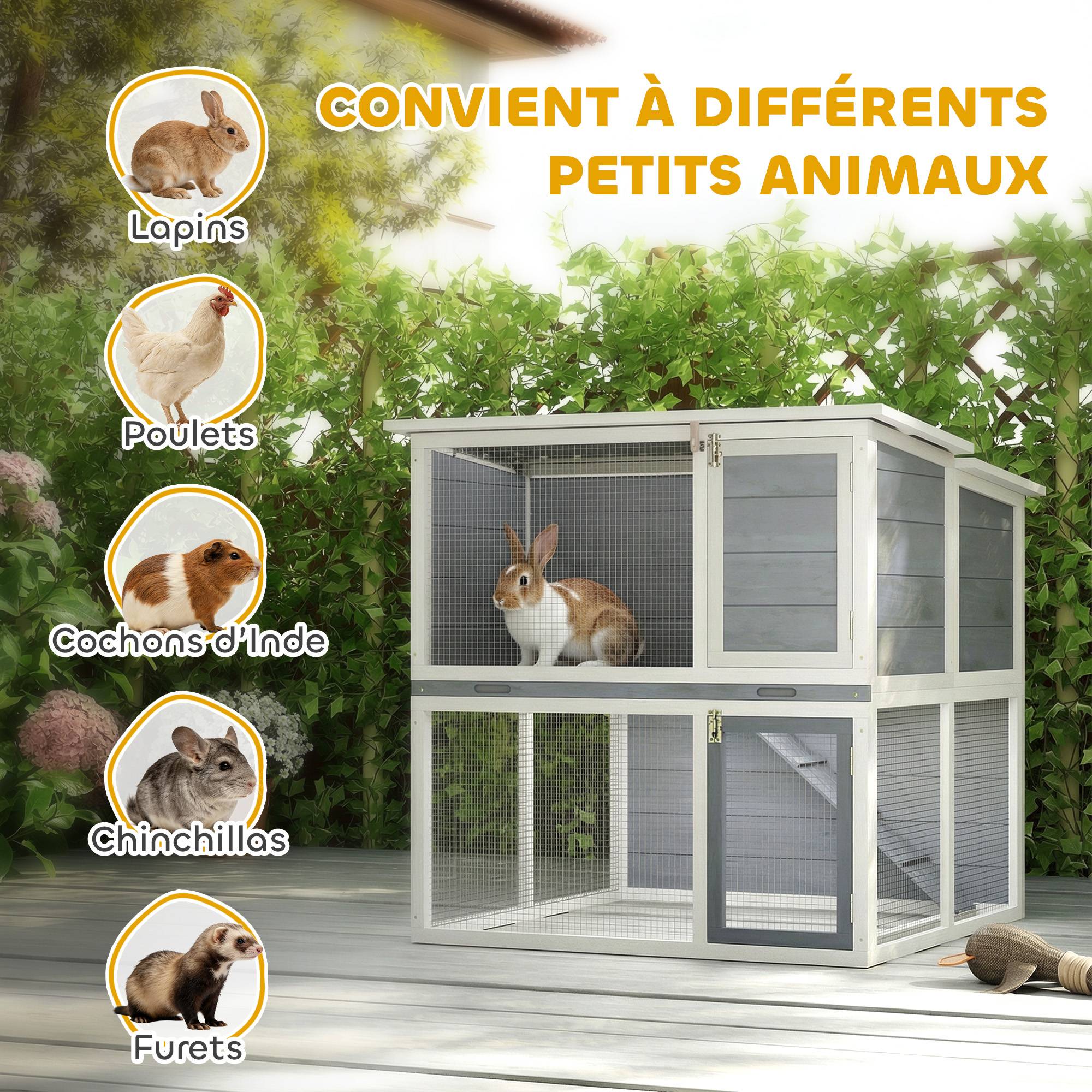 Clapier lapin extérieur cage à lapin 2 étages spacieux toit double ouverture plateau amovible 98x95x102,5cm gris - Image 10