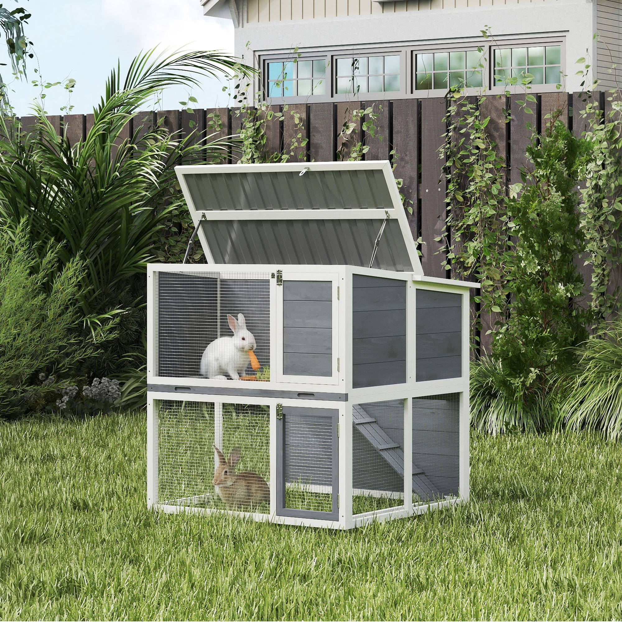 Clapier lapin extérieur cage à lapin 2 étages spacieux toit double ouverture plateau amovible 98x95x102,5cm gris - Image 3