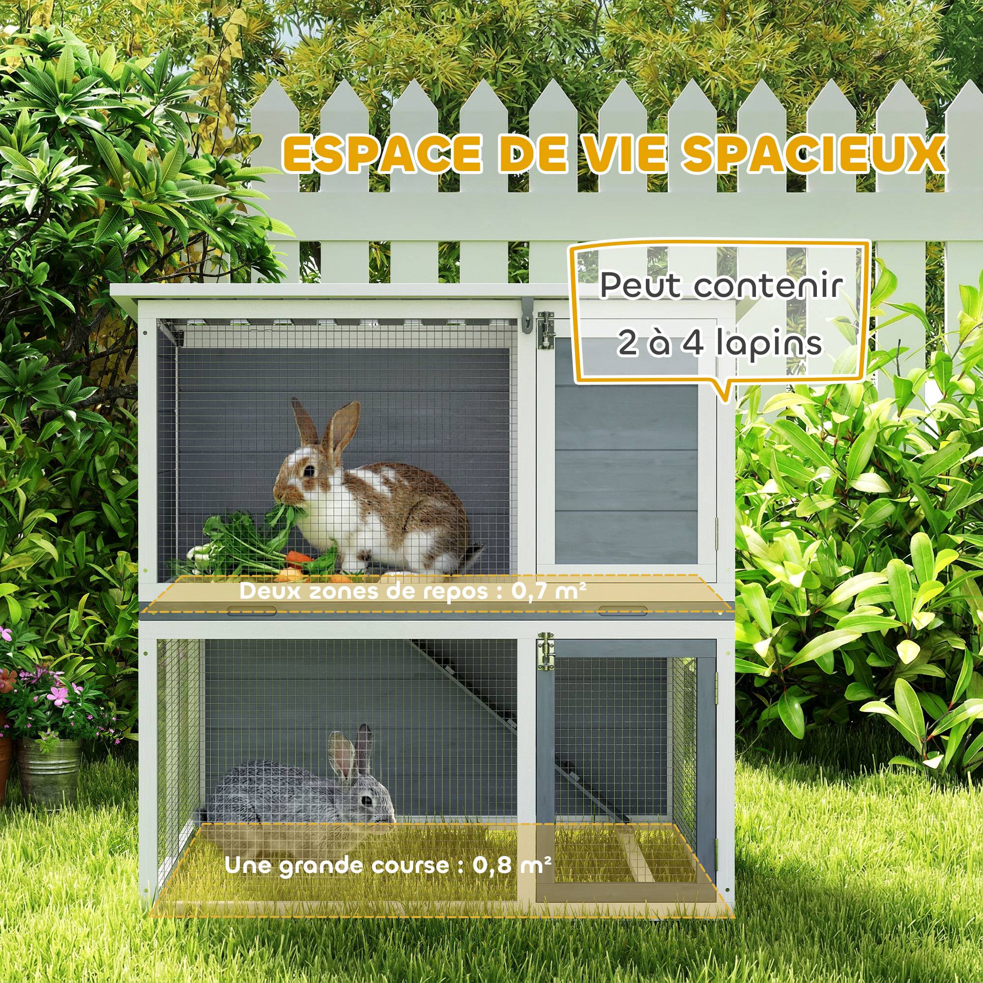 Clapier lapin extérieur cage à lapin 2 étages spacieux toit double ouverture plateau amovible 98x95x102,5cm gris - Image 6