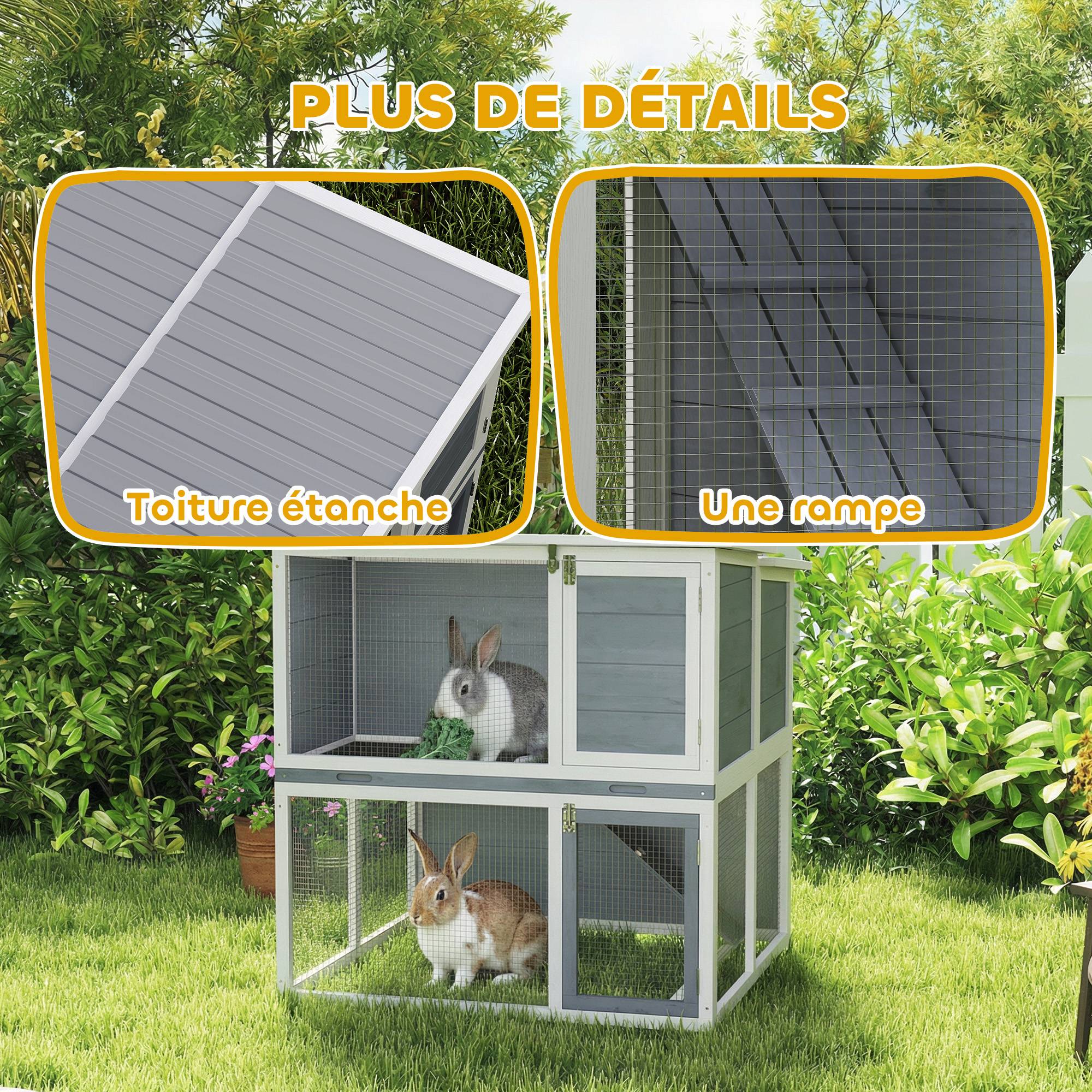 Clapier lapin extérieur cage à lapin 2 étages spacieux toit double ouverture plateau amovible 98x95x102,5cm gris - Image 9