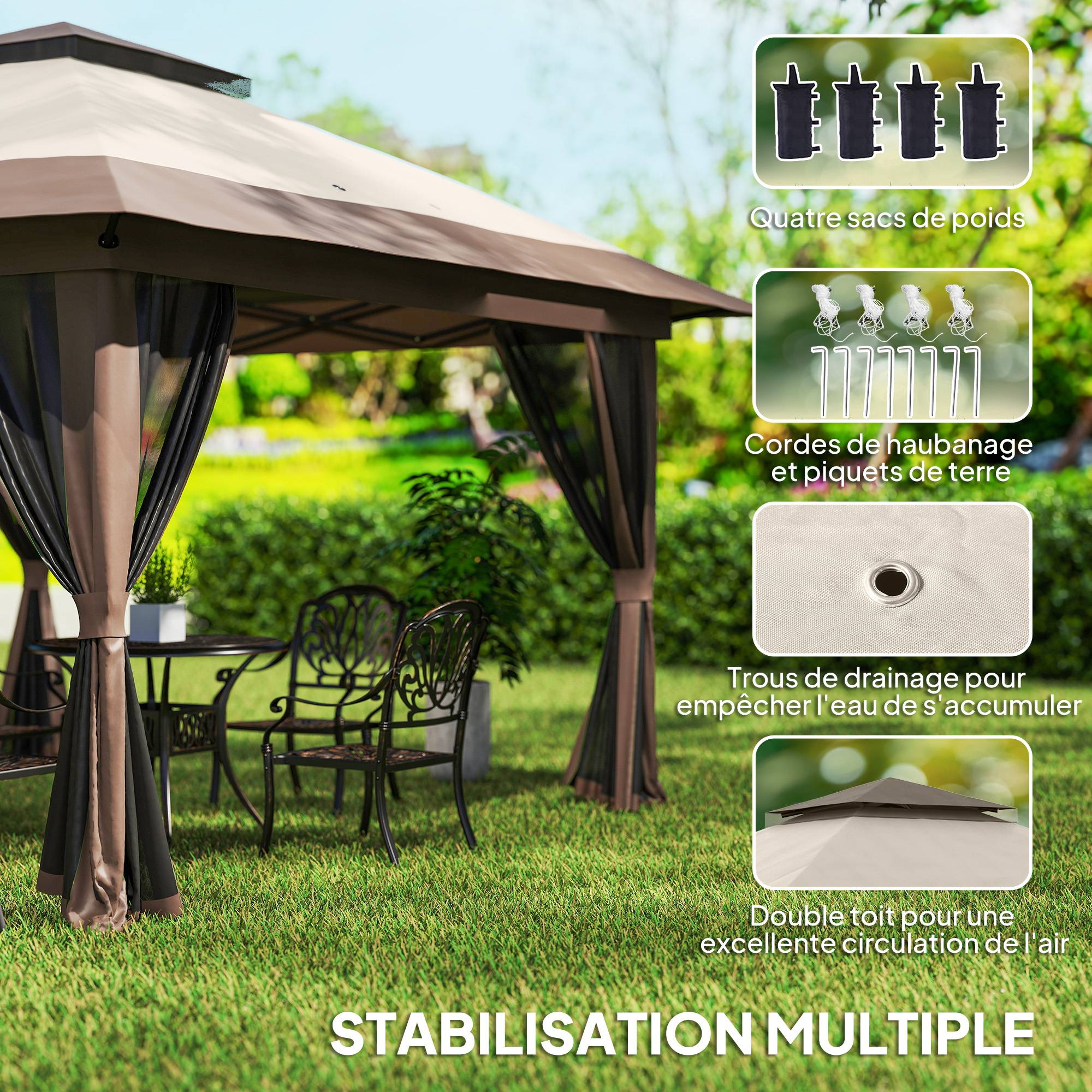 Tonnelle barnum de jardin pop-up pliant double toit protection UV 50+ avec 4 moustiquaires zippées 4 x 4 m beige - Image 9